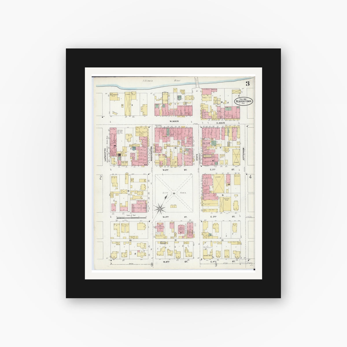 Old map wall art mockup — black gallery frame with white mat — Sanborn Fire Insurance Map from Beardstown, Cass County, Illinois (1906), Sheet #0003