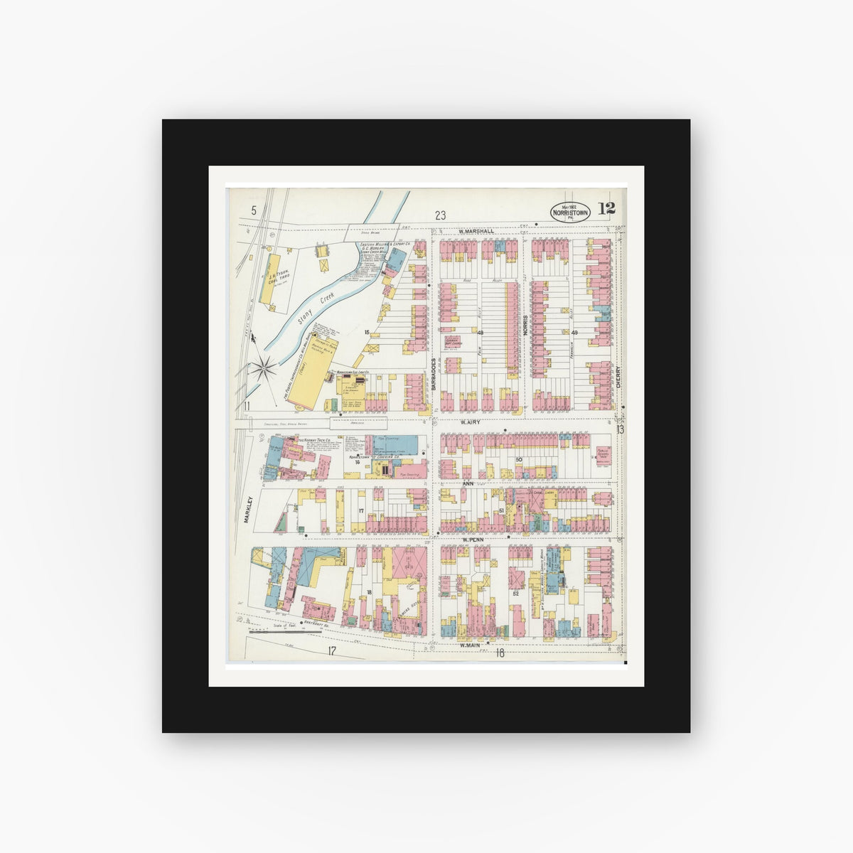 Old map wall art mockup — black gallery frame with white mat — Sanborn Fire Insurance Map from Norristown, Montgomery County, Pennsylvania (1902), Sheet #0012