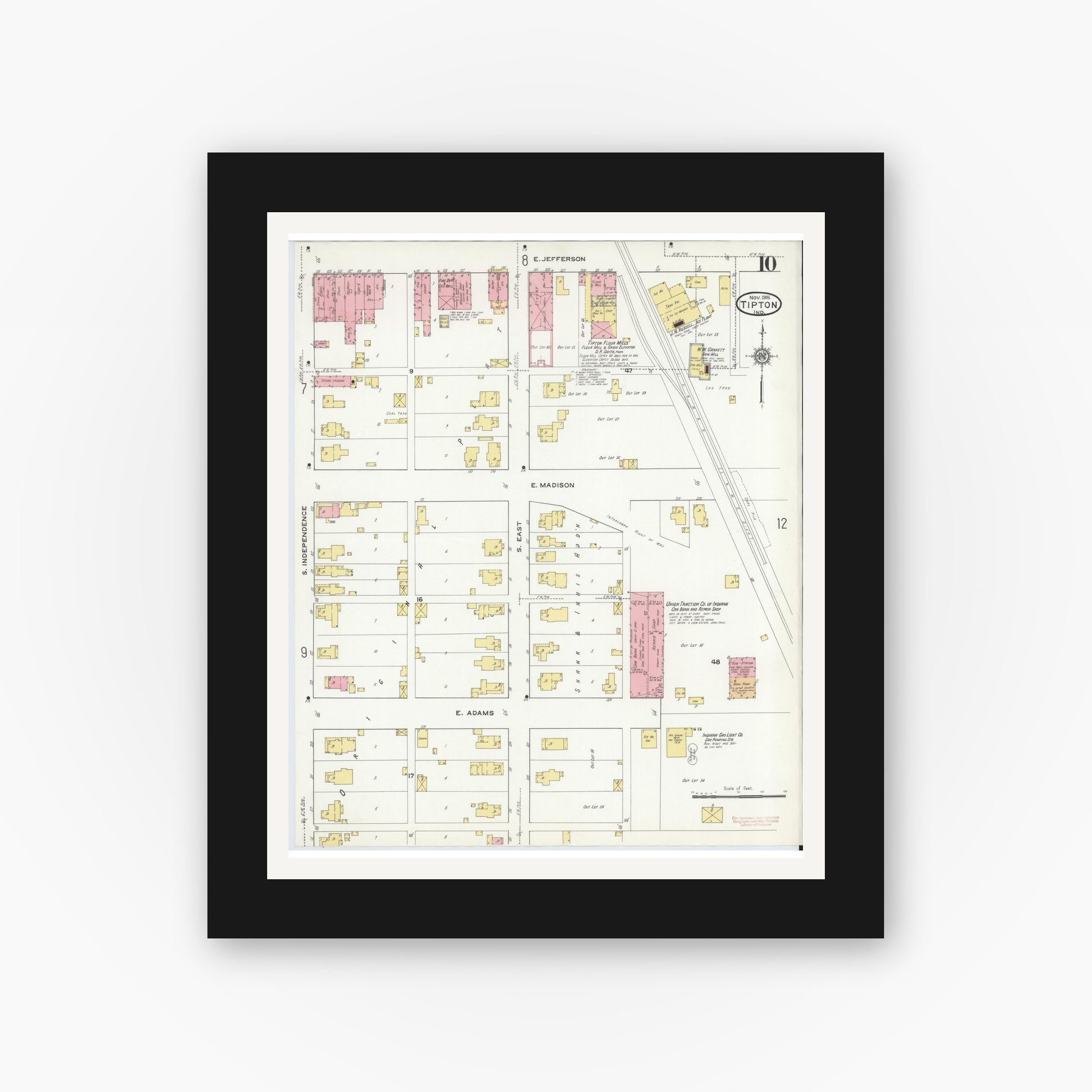 Old map wall art mockup — black gallery frame with white mat — Sanborn Fire Insurance Map from Tipton, Tipton County, Indiana (1915), Sheet #0010