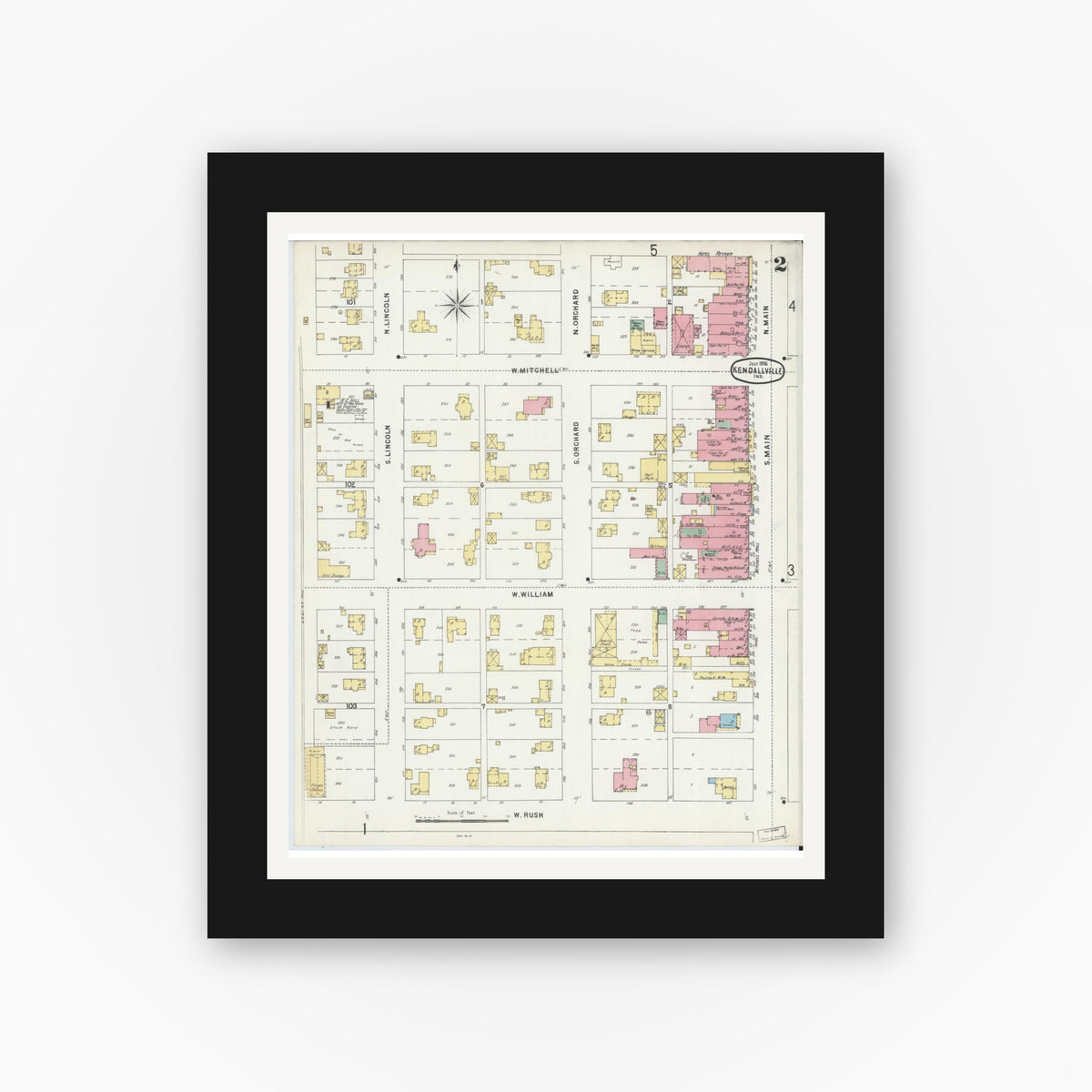 Old map wall art mockup — black gallery frame with white mat — Sanborn Fire Insurance Map from Kendallville, Noble County, Indiana (1896), Sheet #0002