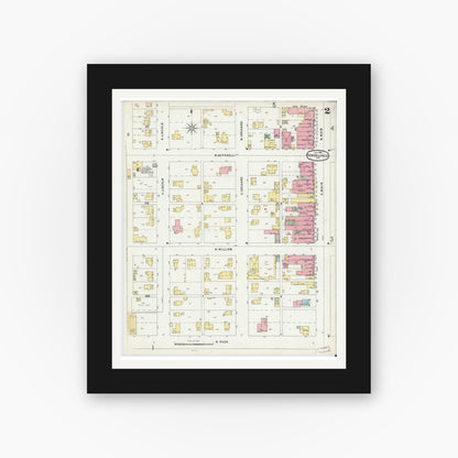 Old map wall art mockup — black gallery frame with white mat — Sanborn Fire Insurance Map from Kendallville, Noble County, Indiana (1896), Sheet #0002