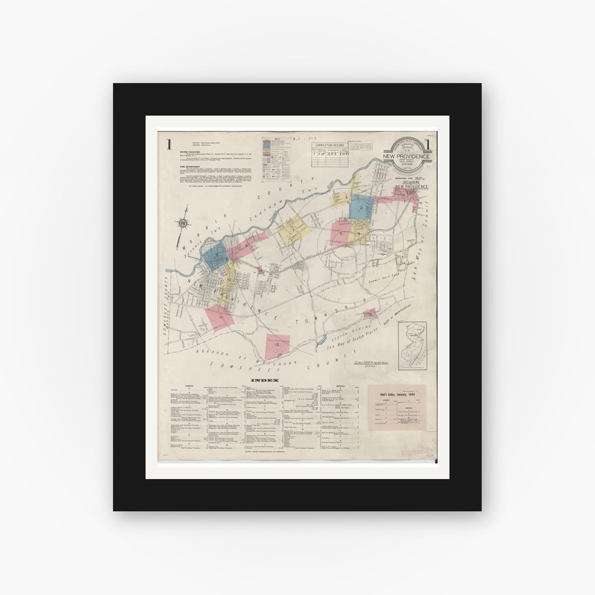 Old map wall art mockup — black gallery frame with white mat — Sanborn Fire Insurance Map from New Providence, Union County, New Jersey (1944), Sheet #0001