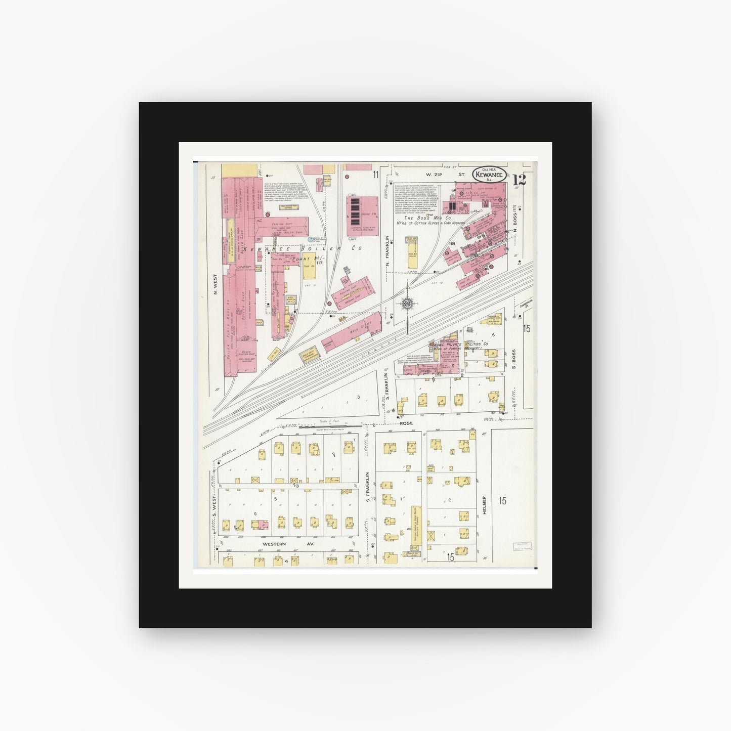 Old map wall art mockup — black gallery frame with white mat — Sanborn Fire Insurance Map from Kewanee, Henry County, Illinois (1918), Sheet #0012