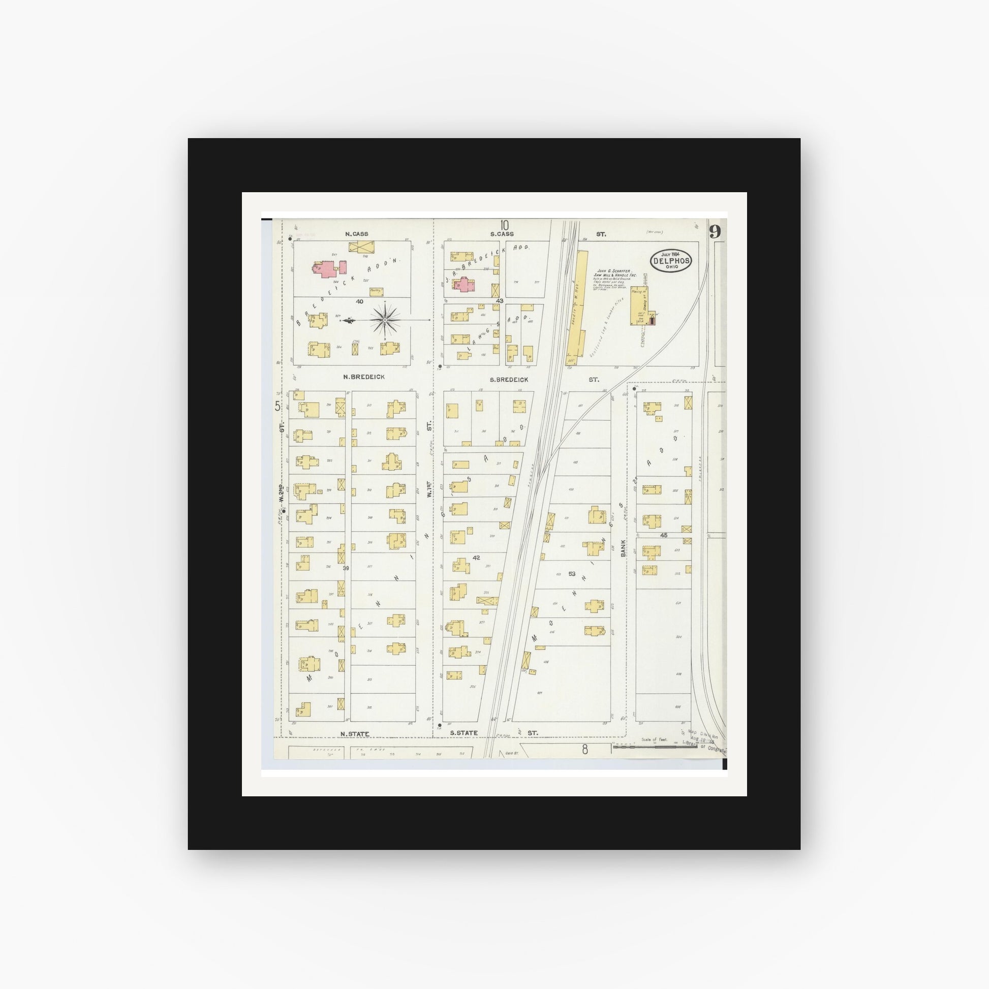 Old map wall art mockup — black gallery frame with white mat — Sanborn Fire Insurance Map from Delphos, Van Wert And Allen Counties, Ohio (1904), Sheet #0009