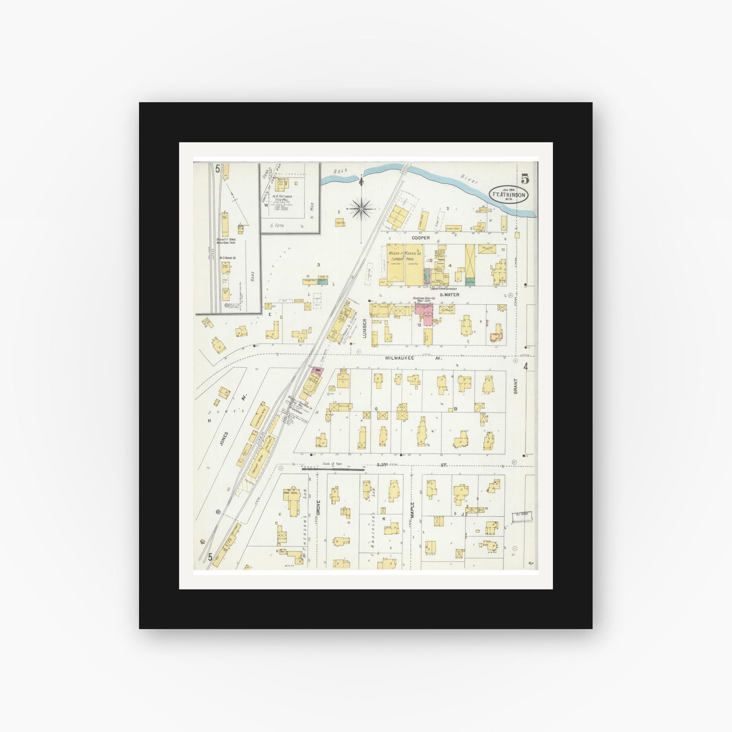 Old map wall art mockup — black gallery frame with white mat — Sanborn Fire Insurance Map from Fort Atkinson, Jefferson County, Wisconsin (1904), Sheet #0005