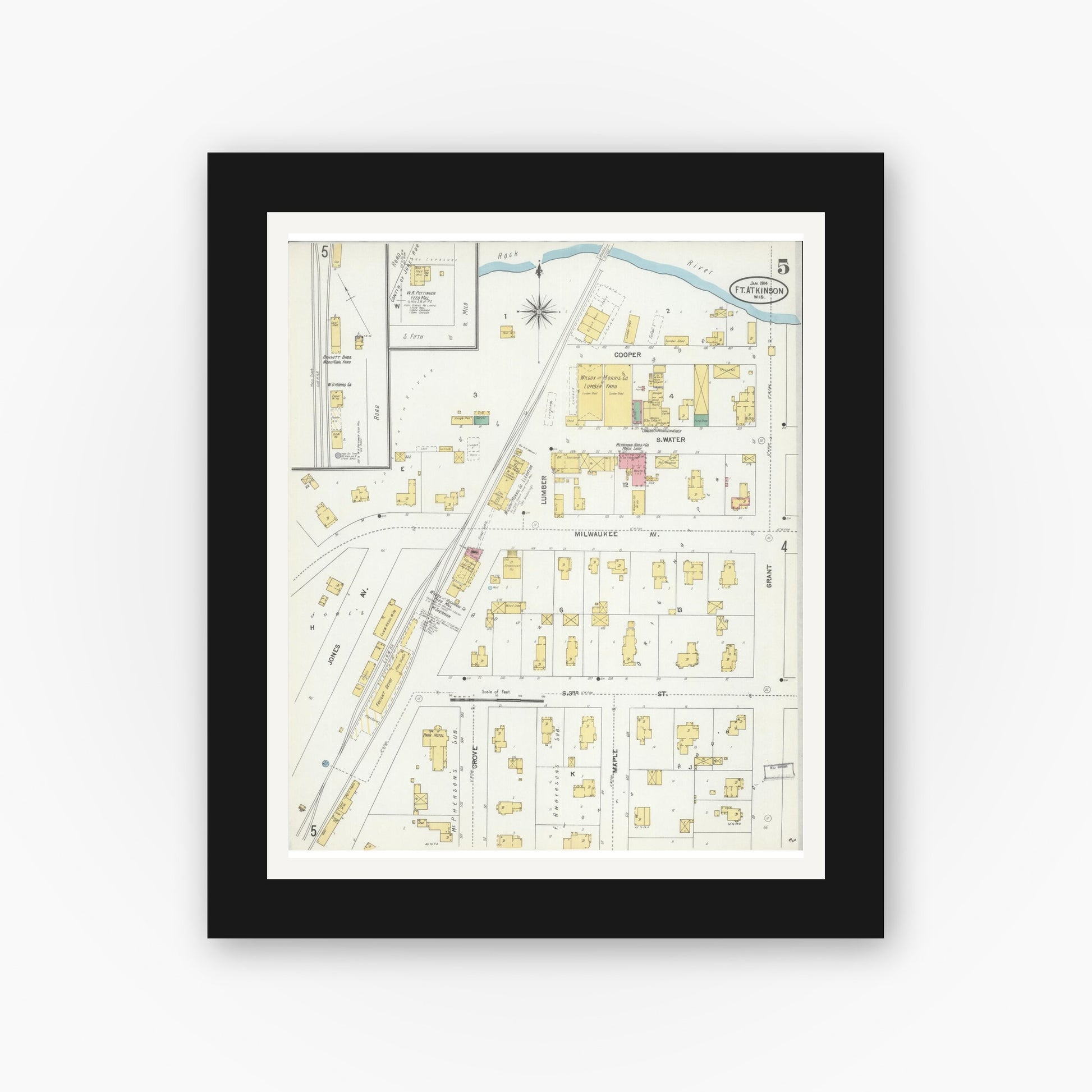 Old map wall art mockup — black gallery frame with white mat — Sanborn Fire Insurance Map from Fort Atkinson, Jefferson County, Wisconsin (1904), Sheet #0005