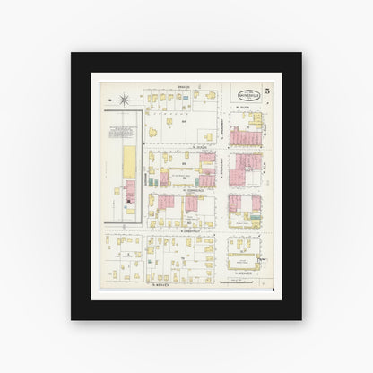 Old map wall art mockup — black gallery frame with white mat — Sanborn Fire Insurance Map from Gainesville, Cooke County, Texas (1892), Sheet #0005