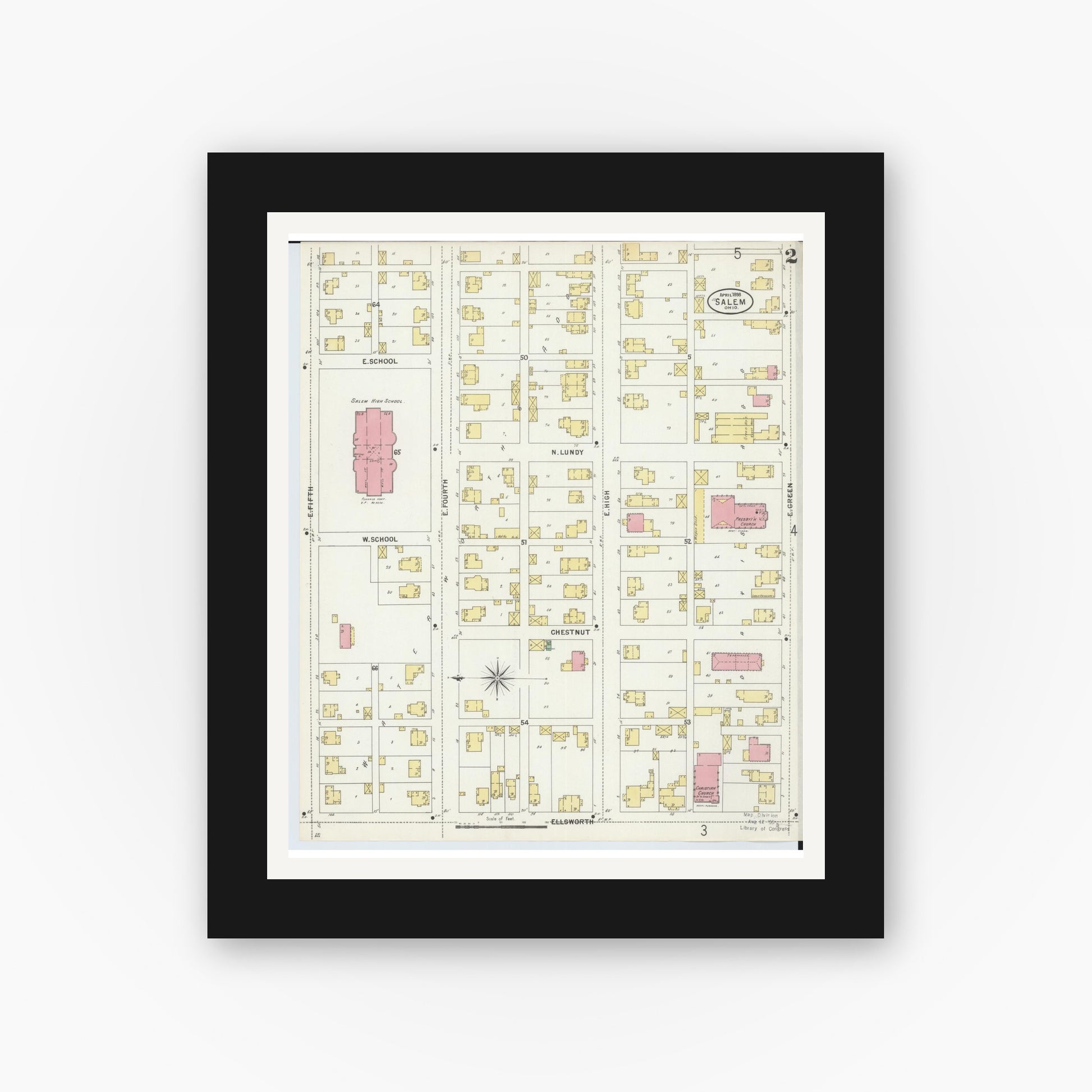 Old map wall art mockup — black gallery frame with white mat — Sanborn Fire Insurance Map from Salem, Columbiana County, Ohio (1898), Sheet #0002