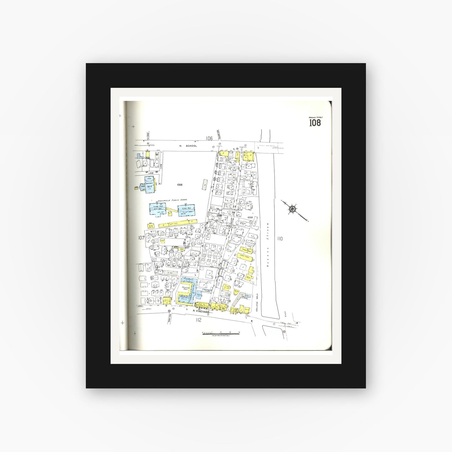 Old map wall art mockup — black gallery frame with white mat — Sanborn Fire Insurance Map from Honolulu, Oahu County, Hawaii (1955), Sheet #0108