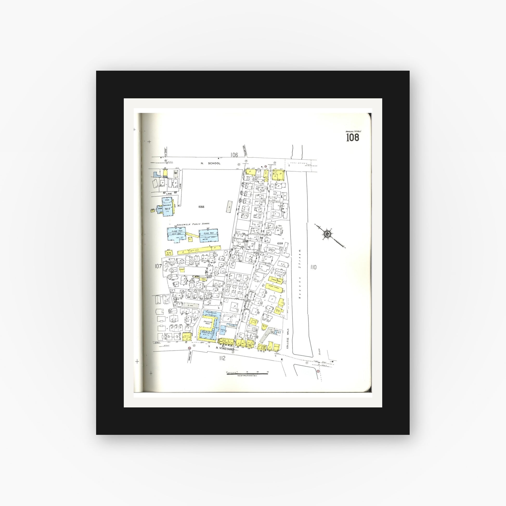 Old map wall art mockup — black gallery frame with white mat — Sanborn Fire Insurance Map from Honolulu, Oahu County, Hawaii (1955), Sheet #0108