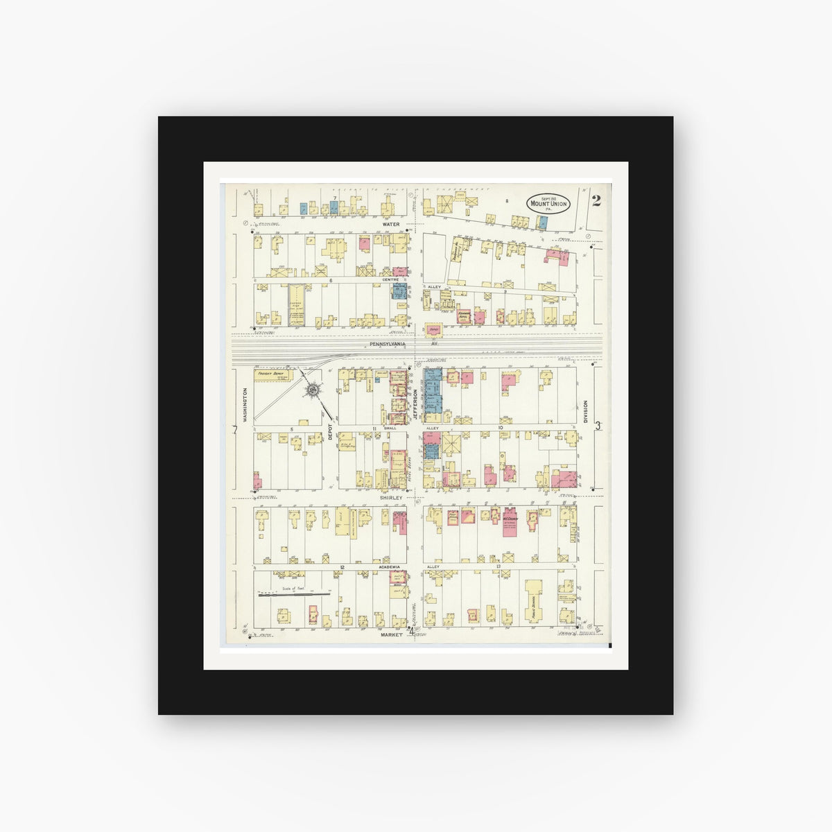 Old map wall art mockup — black gallery frame with white mat — Sanborn Fire Insurance Map from Mount Union, Huntingdon County, Pennsylvania (1911), Sheet #0002