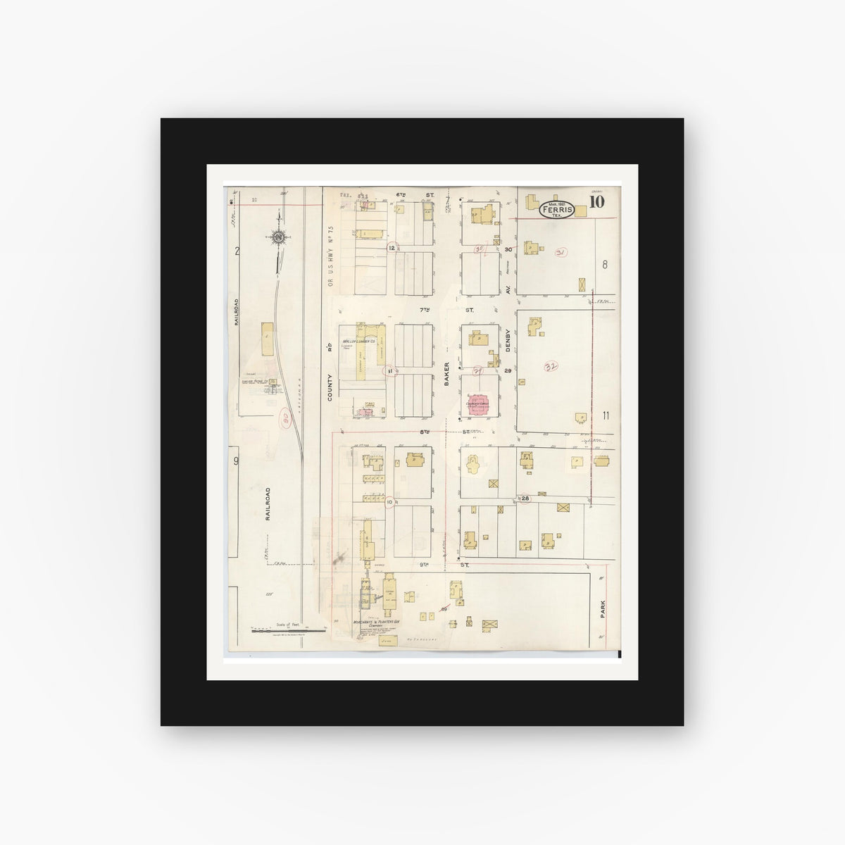 Old map wall art mockup — black gallery frame with white mat — Sanborn Fire Insurance Map from Ferris, Ellis County, Texas (1941), Sheet #0010