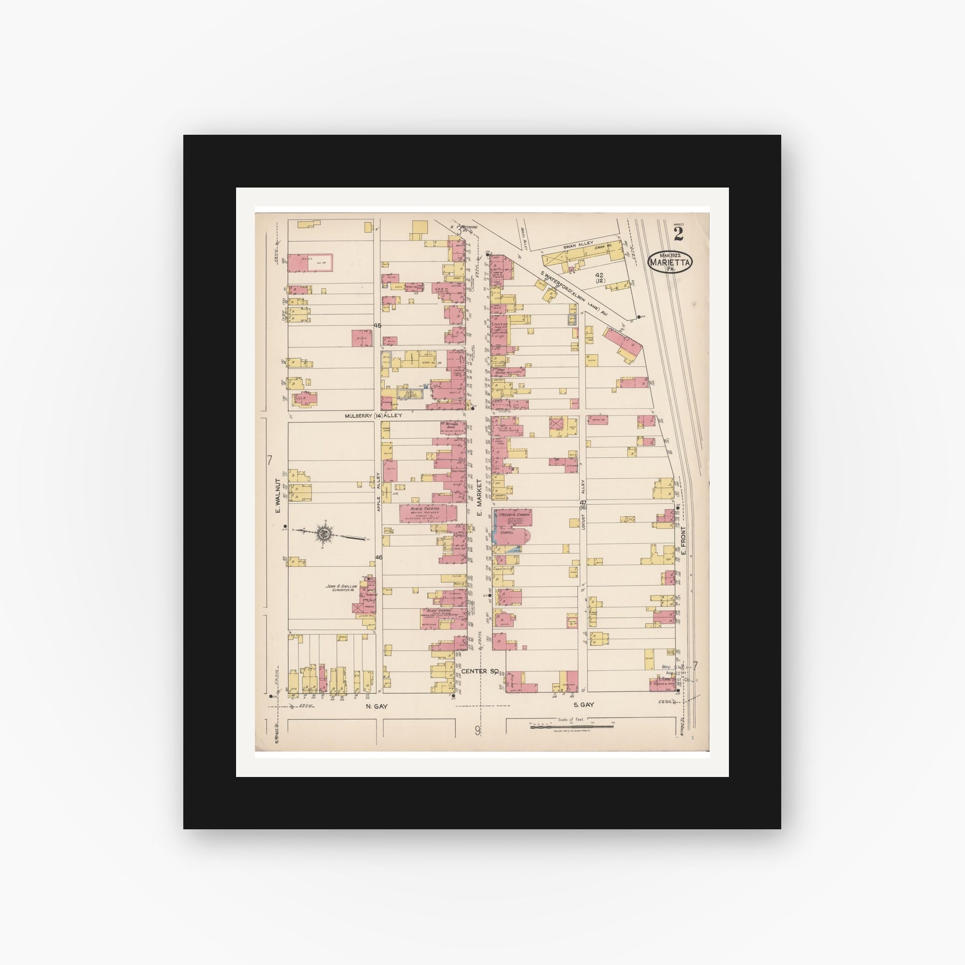 Old map wall art mockup — black gallery frame with white mat — Sanborn Fire Insurance Map from Marietta, Lancaster County, Pennsylvania (1922), Sheet #0002