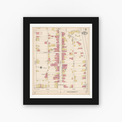 Old map wall art mockup — black gallery frame with white mat — Sanborn Fire Insurance Map from Marietta, Lancaster County, Pennsylvania (1922), Sheet #0002
