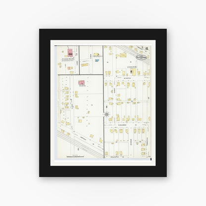 Old map wall art mockup — black gallery frame with white mat — Sanborn Fire Insurance Map from Bellefontaine, Logan County, Ohio (1907), Sheet #0008