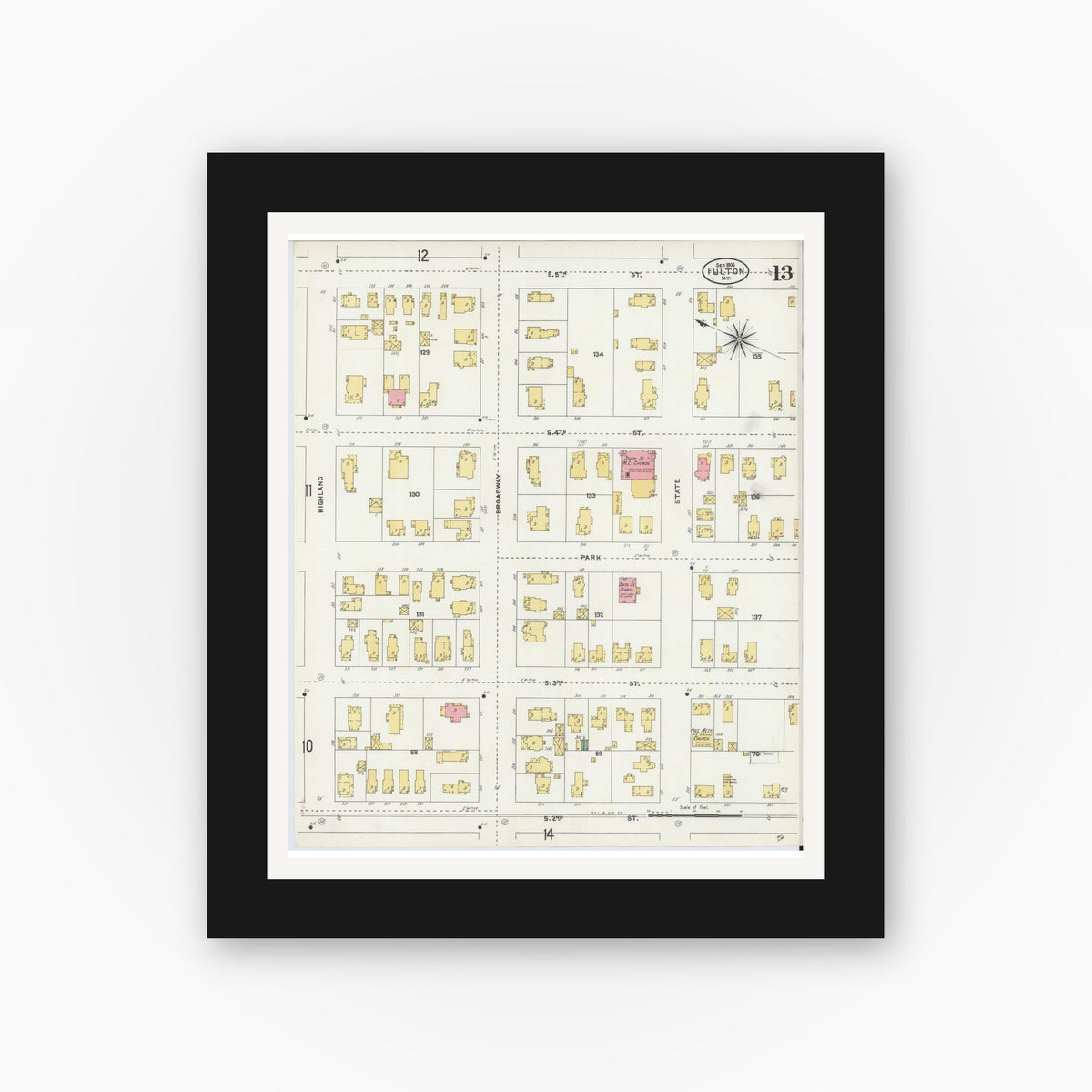 Old map wall art mockup — black gallery frame with white mat — Sanborn Fire Insurance Map from Fulton, Oswego County, New York (1906), Sheet #0013