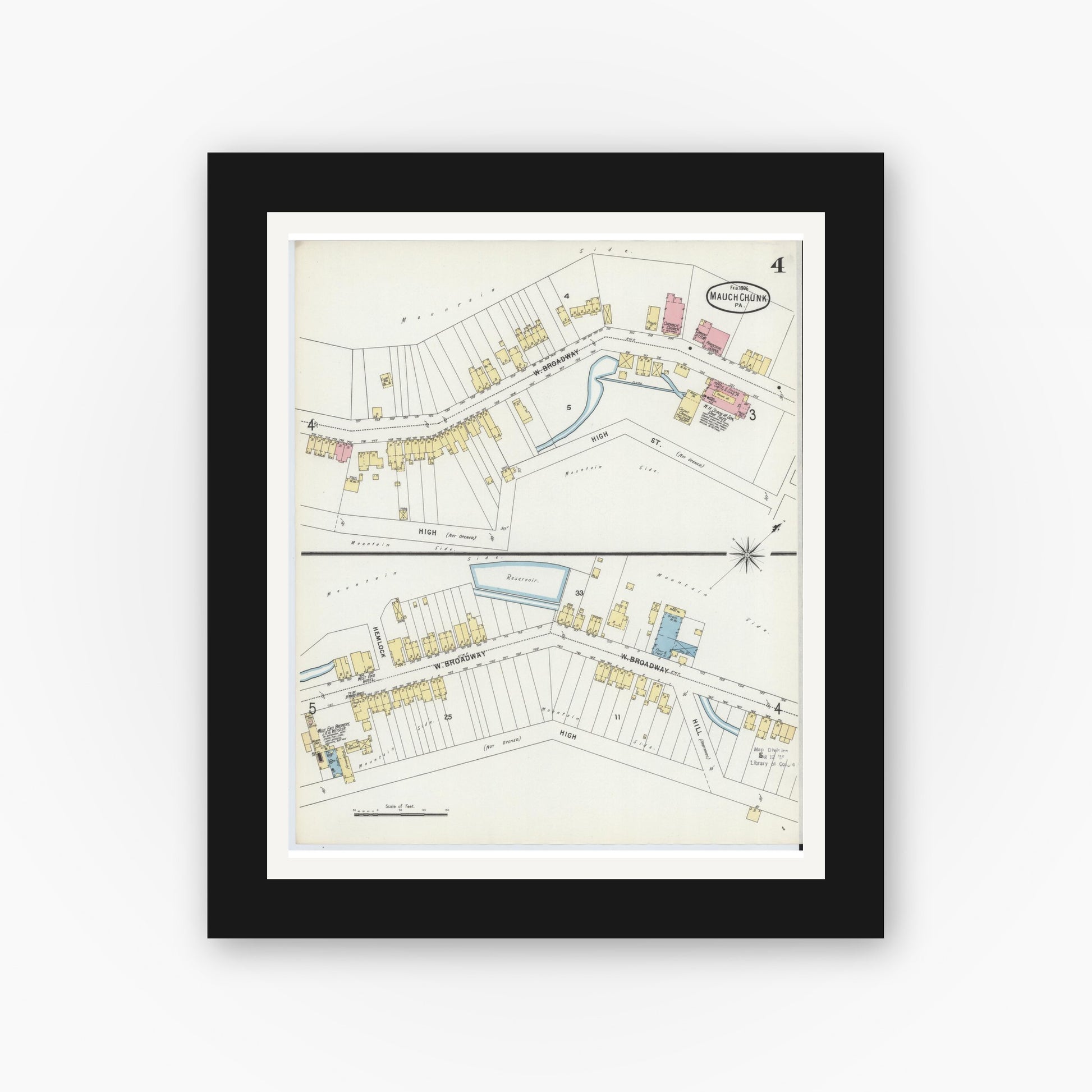 Old map wall art mockup — black gallery frame with white mat — Sanborn Fire Insurance Map from Mauch Chunk, Carbon County, Pennsylvania (1896), Sheet #0004