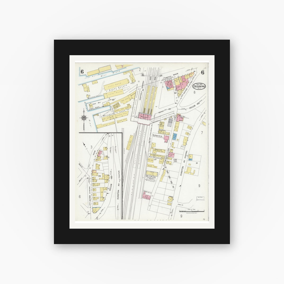 Old map wall art mockup — black gallery frame with white mat — Sanborn Fire Insurance Map from Ossining, Westchester County, New York (1924), Sheet #0006