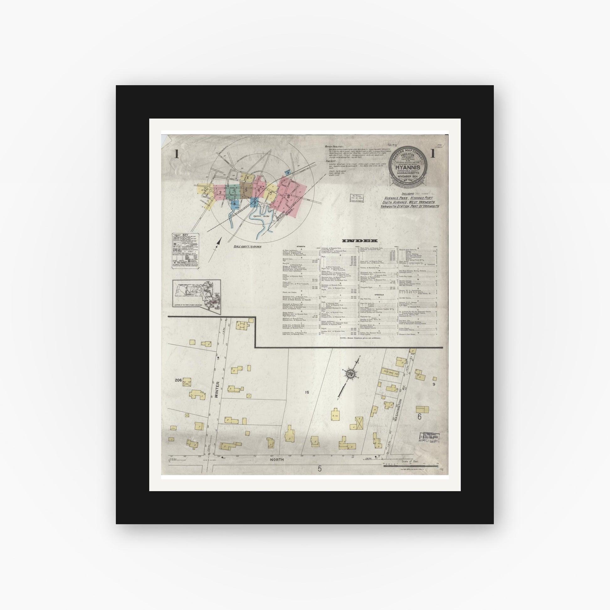 Old map wall art mockup — black gallery frame with white mat — Sanborn Fire Insurance Map from Hyannis, Barnstable County, Massachusetts (1924) - Complete Map Set