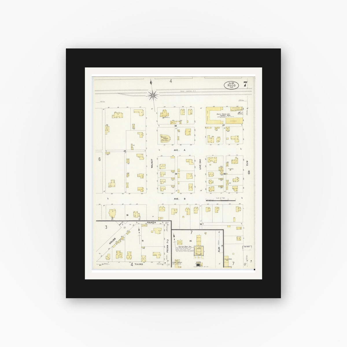 Old map wall art mockup — black gallery frame with white mat — Sanborn Fire Insurance Map from Hico, Hamilton County, Texas (1907), Sheet #0007