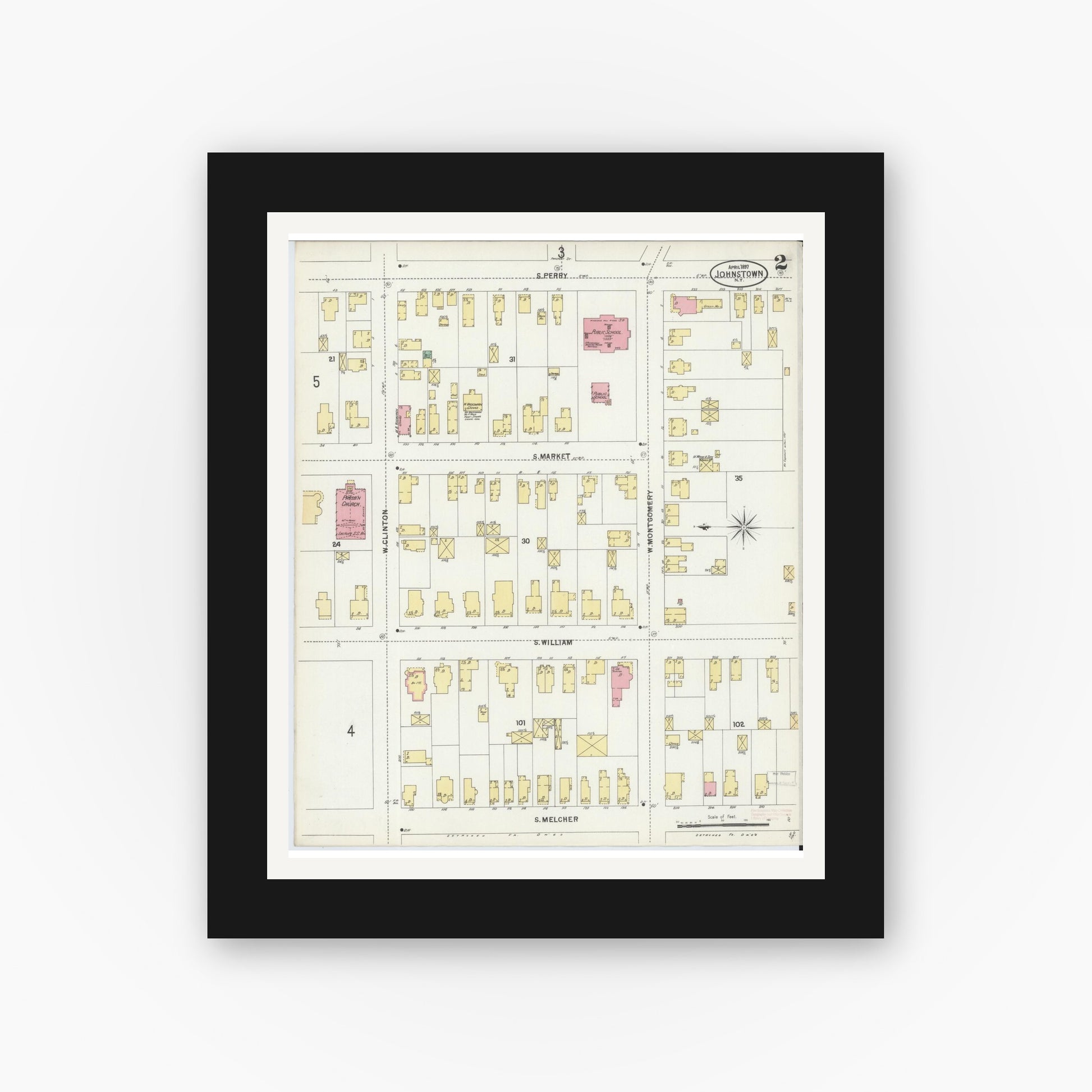 Old map wall art mockup — black gallery frame with white mat — Sanborn Fire Insurance Map from Johnstown, Fulton County, New York (1897) - Complete Map Set