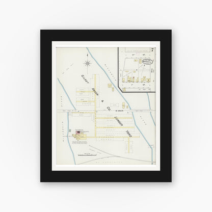 Old map wall art mockup — black gallery frame with white mat — Sanborn Fire Insurance Map from Merrill, Lincoln County, Wisconsin (1888), Sheet #0007