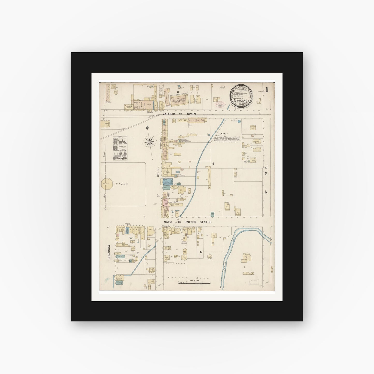 Old map wall art mockup — black gallery frame with white mat — Sanborn Fire Insurance Map from Sonoma, Sonoma County, California (1888) - Complete Map Set