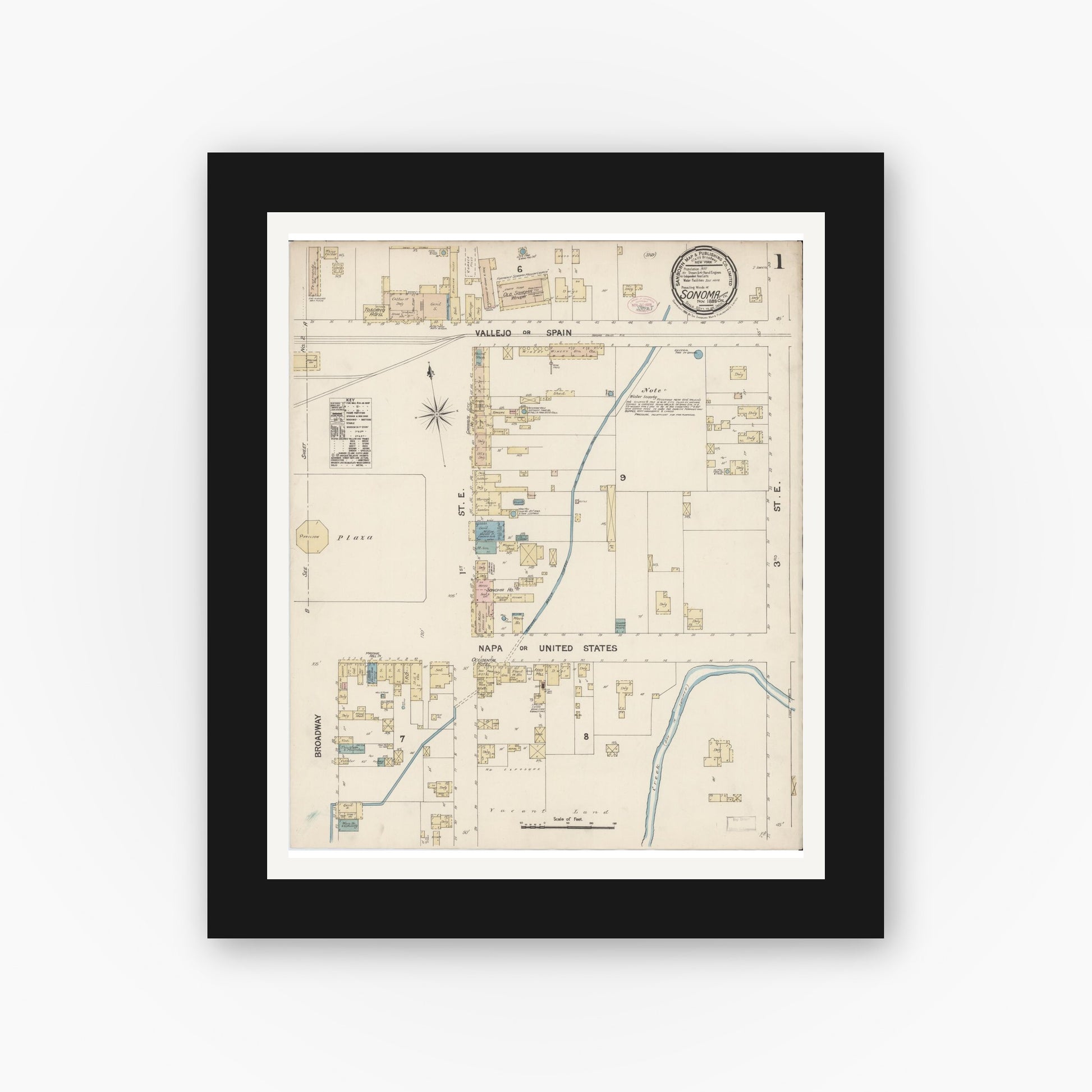 Old map wall art mockup — black gallery frame with white mat — Sanborn Fire Insurance Map from Sonoma, Sonoma County, California (1888) - Complete Map Set