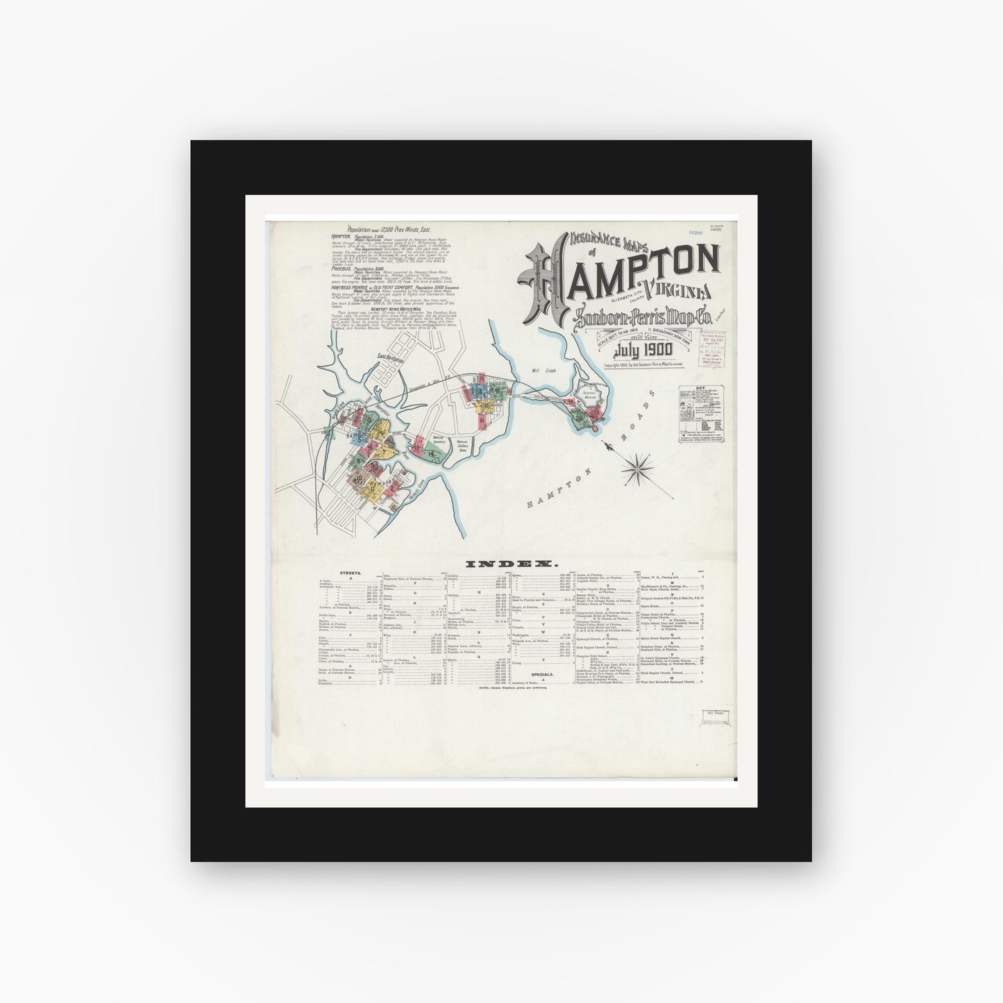 Old map wall art mockup — black gallery frame with white mat — Sanborn Fire Insurance Map from Hampton, Independent Cities, Virginia (1900) - Complete Map Set