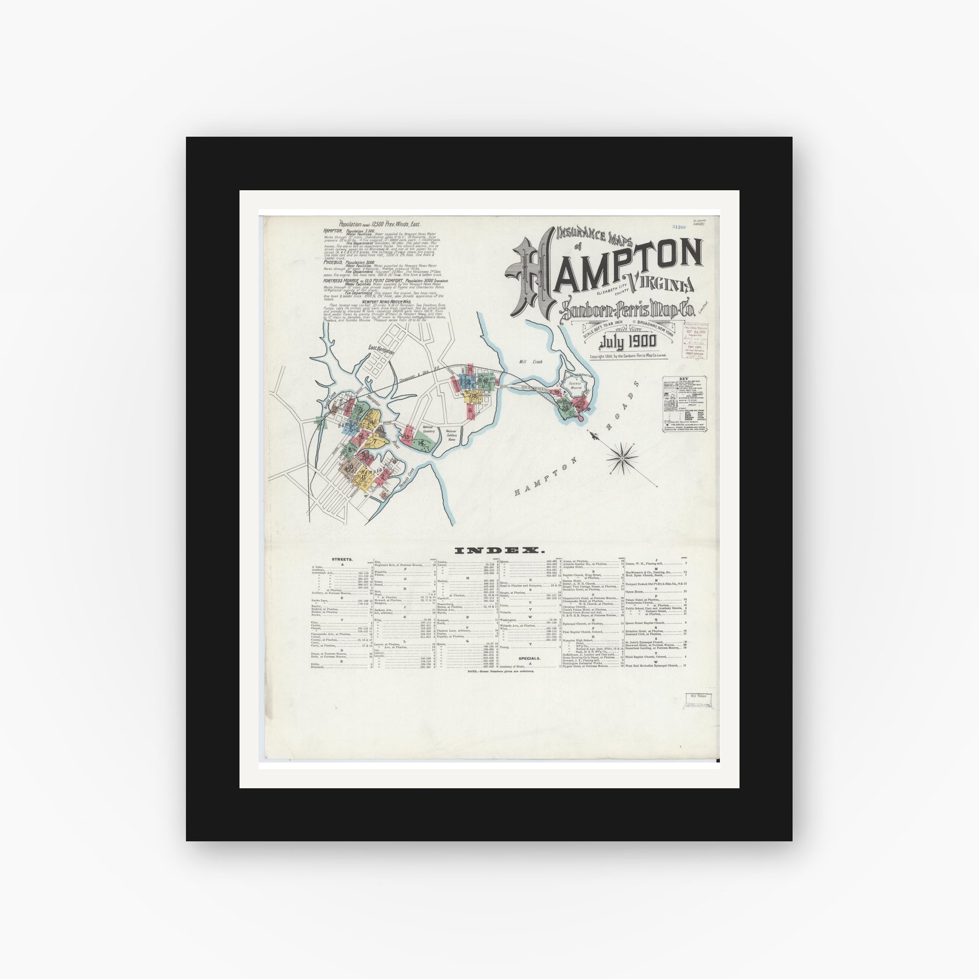 Old map wall art mockup — black gallery frame with white mat — Sanborn Fire Insurance Map from Hampton, Independent Cities, Virginia (1900) - Complete Map Set