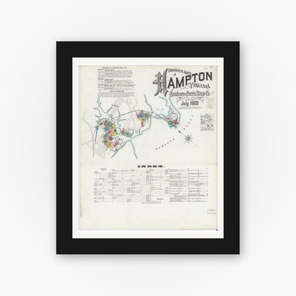 Old map wall art mockup — black gallery frame with white mat — Sanborn Fire Insurance Map from Hampton, Independent Cities, Virginia (1900) - Complete Map Set