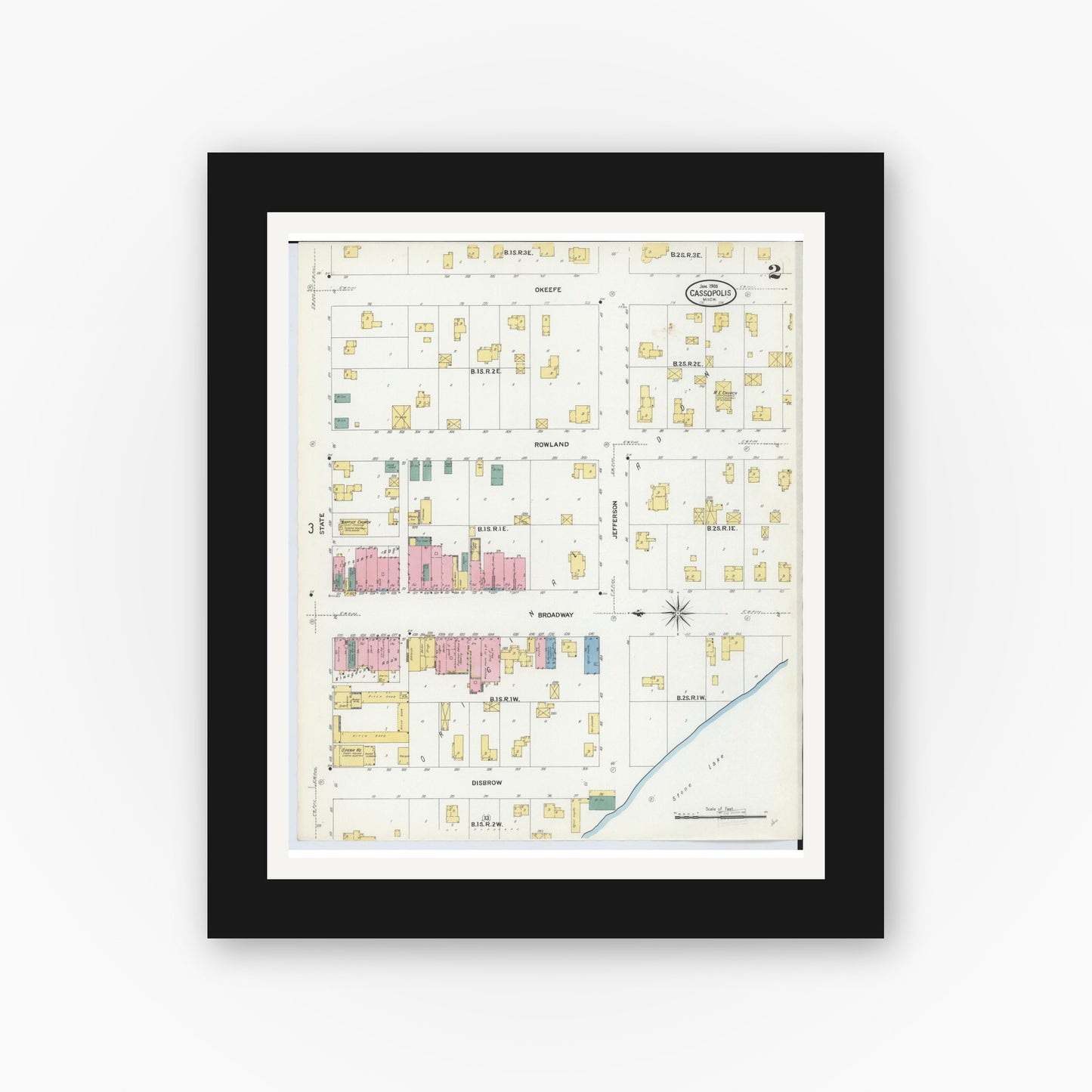 Old map wall art mockup — black gallery frame with white mat — Sanborn Fire Insurance Map from Cassopolis, Cass County, Michigan (1909), Sheet #0002