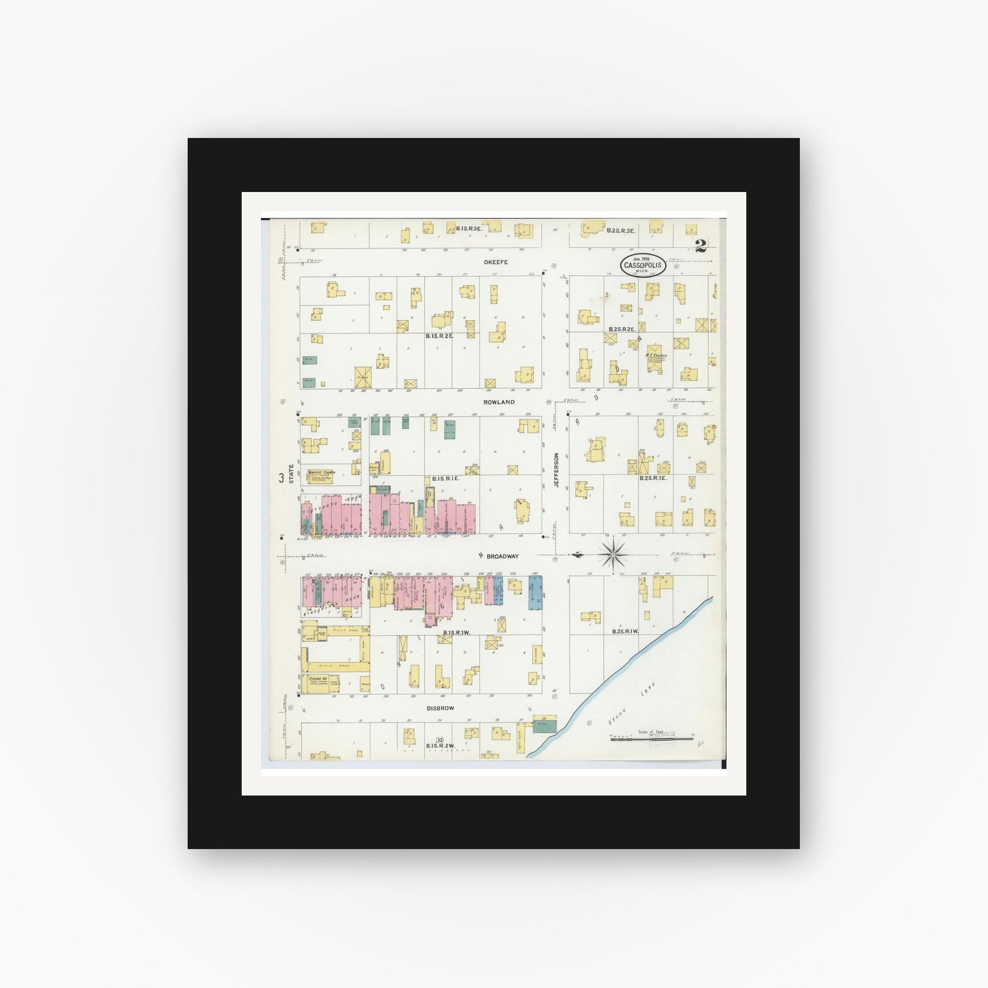 Old map wall art mockup — black gallery frame with white mat — Sanborn Fire Insurance Map from Cassopolis, Cass County, Michigan (1909), Sheet #0002