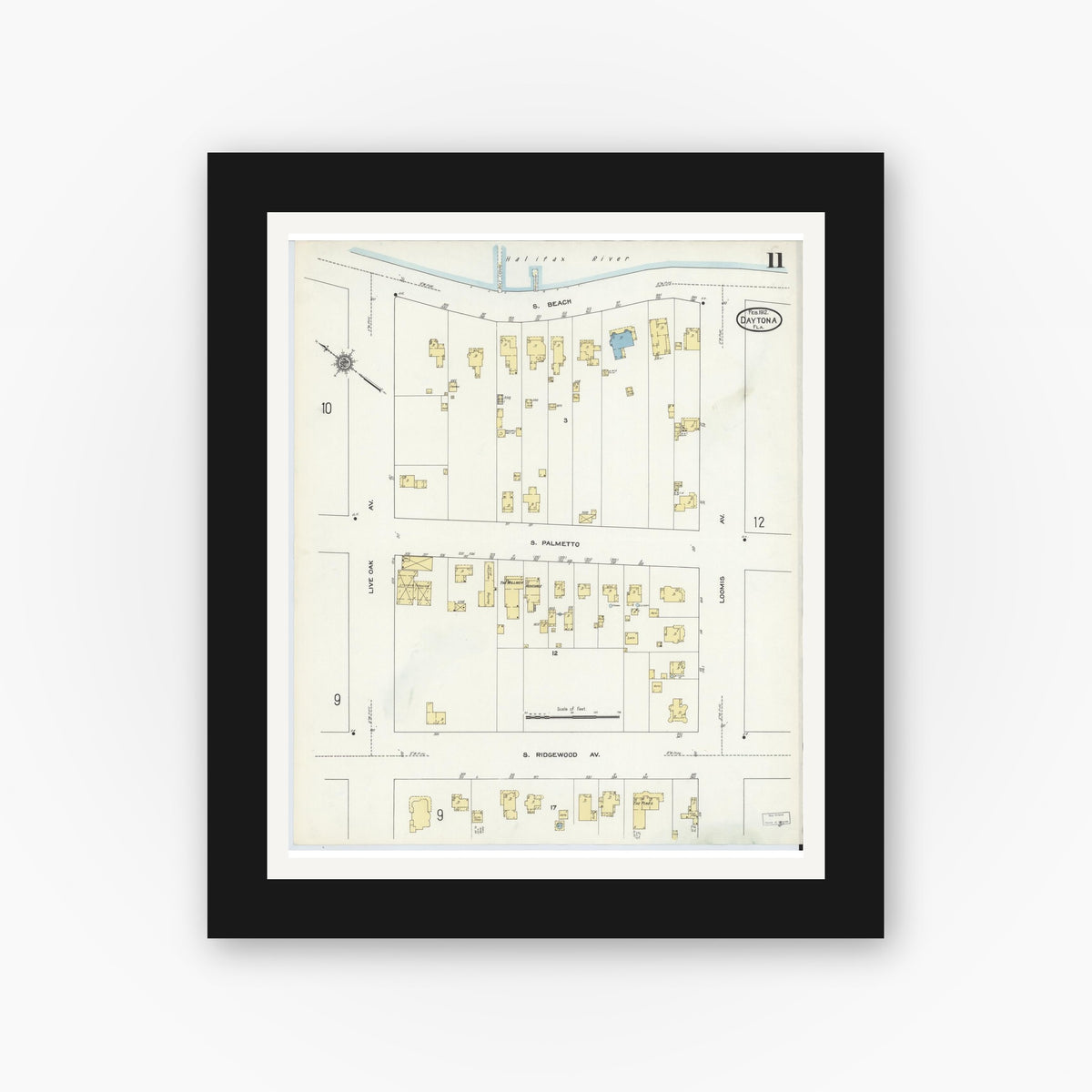 Old map wall art mockup — black gallery frame with white mat — Sanborn Fire Insurance Map from Daytona, Volusia County, Florida (1912), Sheet #0011