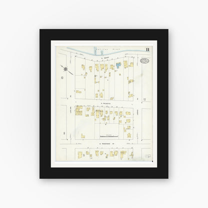 Old map wall art mockup — black gallery frame with white mat — Sanborn Fire Insurance Map from Daytona, Volusia County, Florida (1912), Sheet #0011