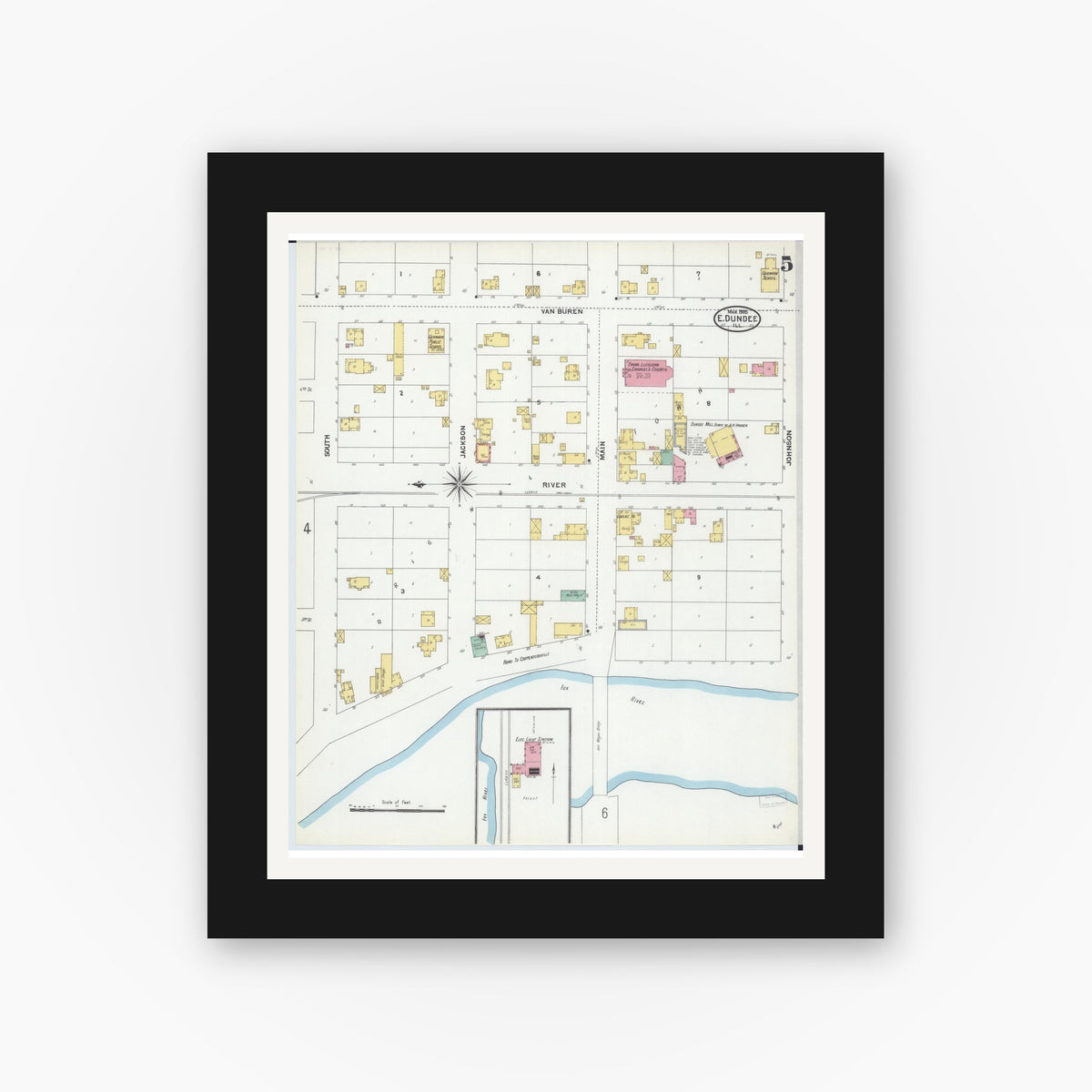 Old map wall art mockup — black gallery frame with white mat — Sanborn Fire Insurance Map from Dundee, Kane County, Illinois (1905), Sheet #0005