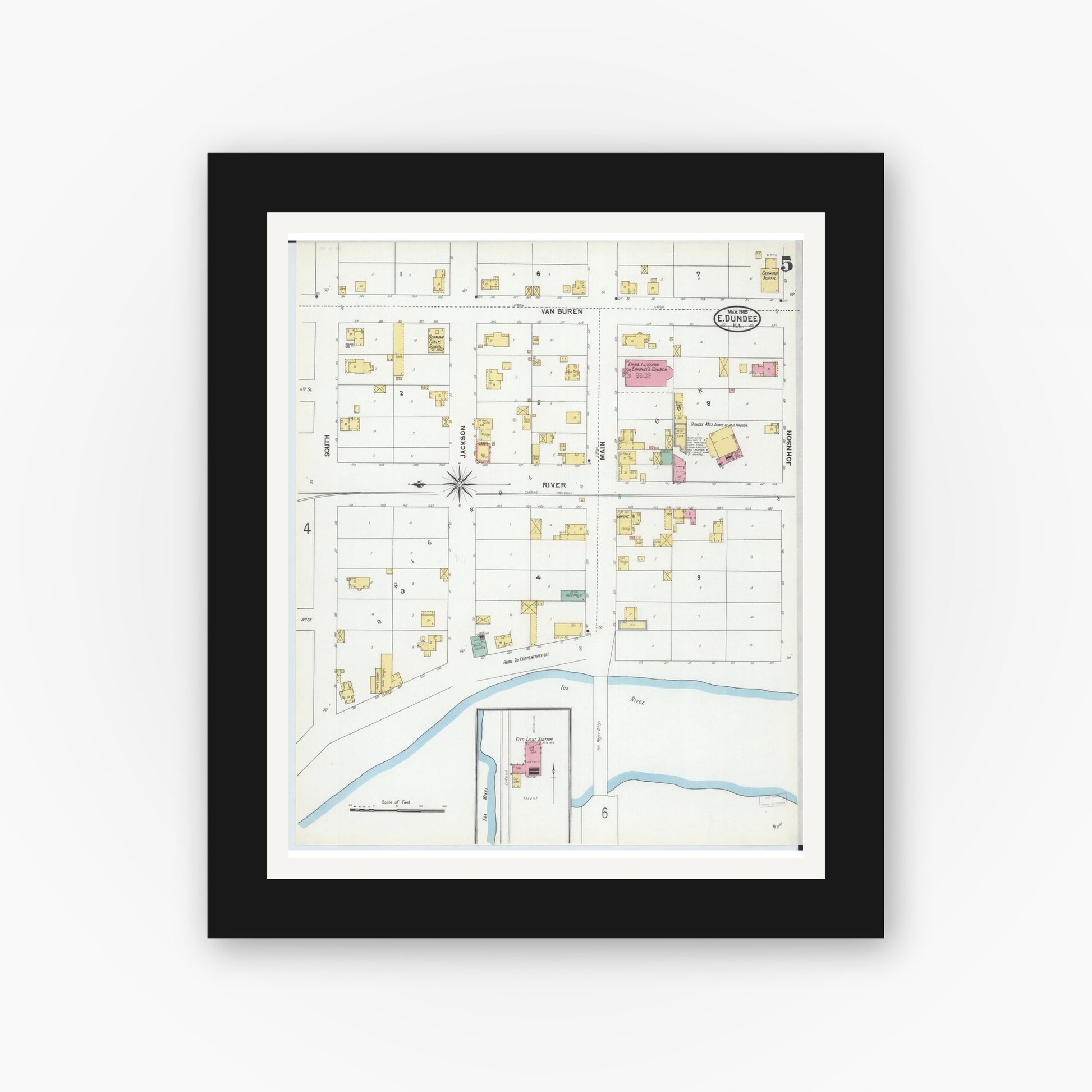 Old map wall art mockup — black gallery frame with white mat — Sanborn Fire Insurance Map from Dundee, Kane County, Illinois (1905), Sheet #0005