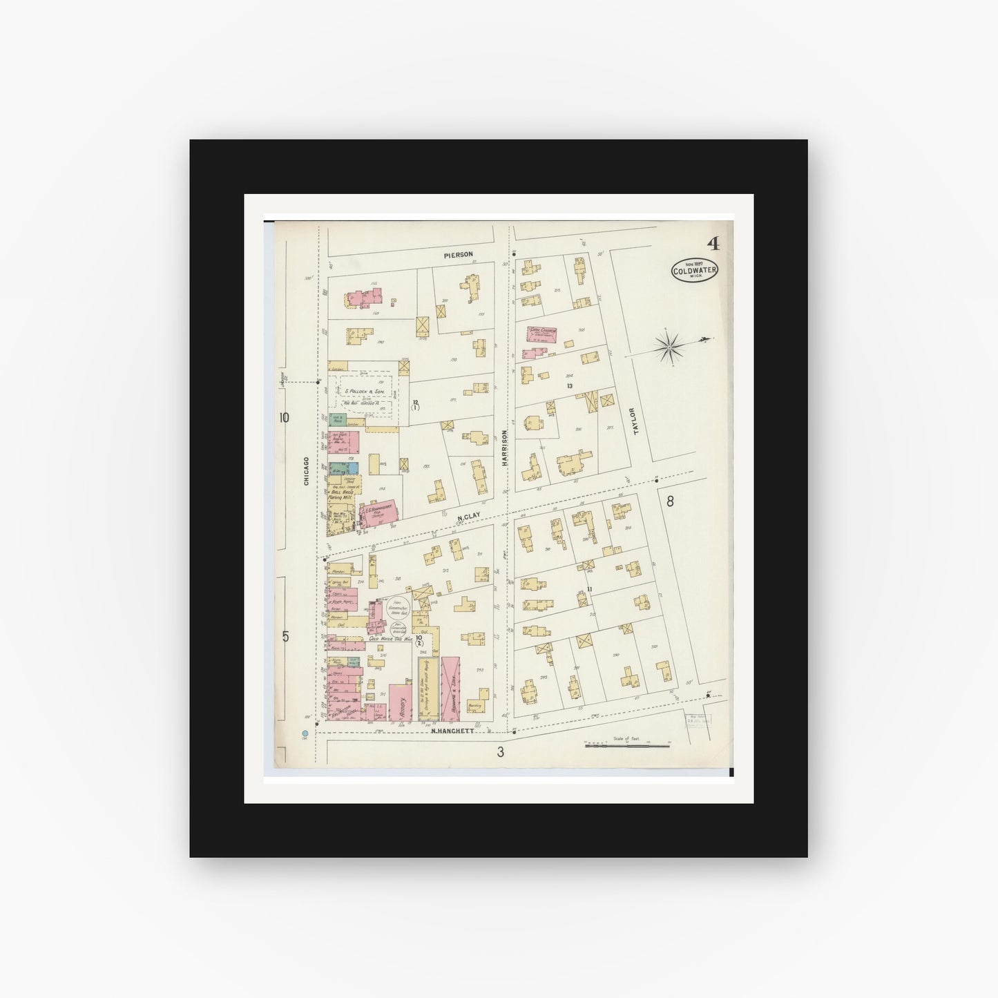 Old map wall art mockup — black gallery frame with white mat — Sanborn Fire Insurance Map from Coldwater, Branch County, Michigan (1897), Sheet #0004