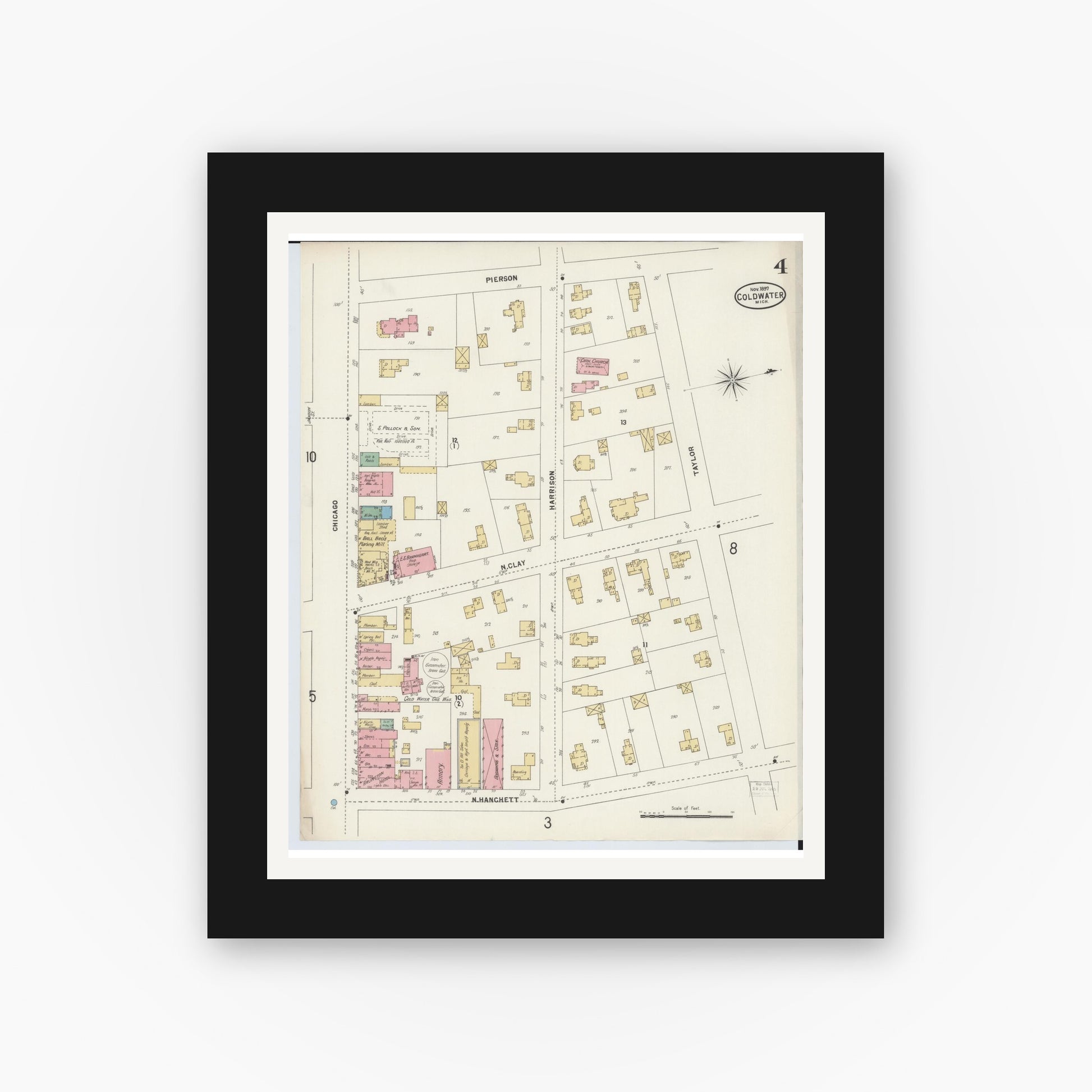 Old map wall art mockup — black gallery frame with white mat — Sanborn Fire Insurance Map from Coldwater, Branch County, Michigan (1897), Sheet #0004