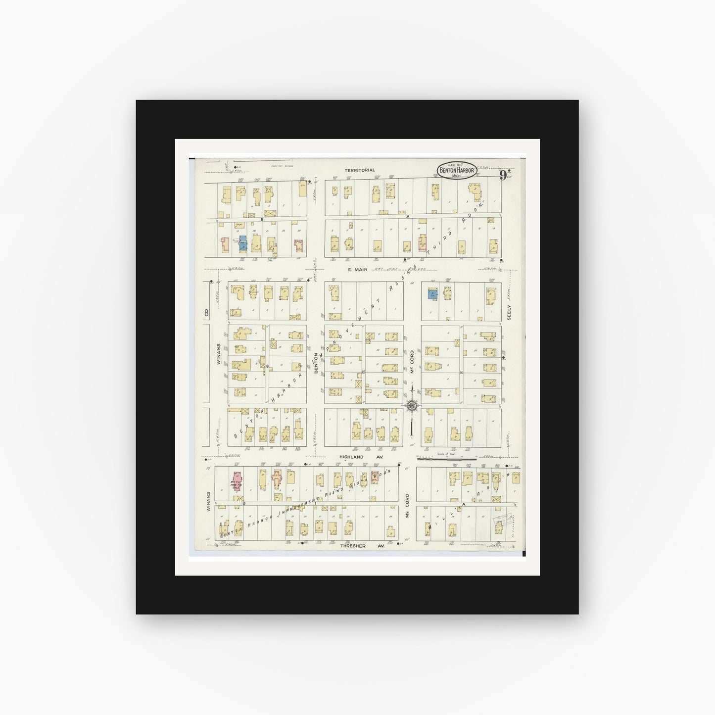 Old map wall art mockup — black gallery frame with white mat — Sanborn Fire Insurance Map from Benton Harbor, Berrien County, Michigan (1917), Sheet #0009