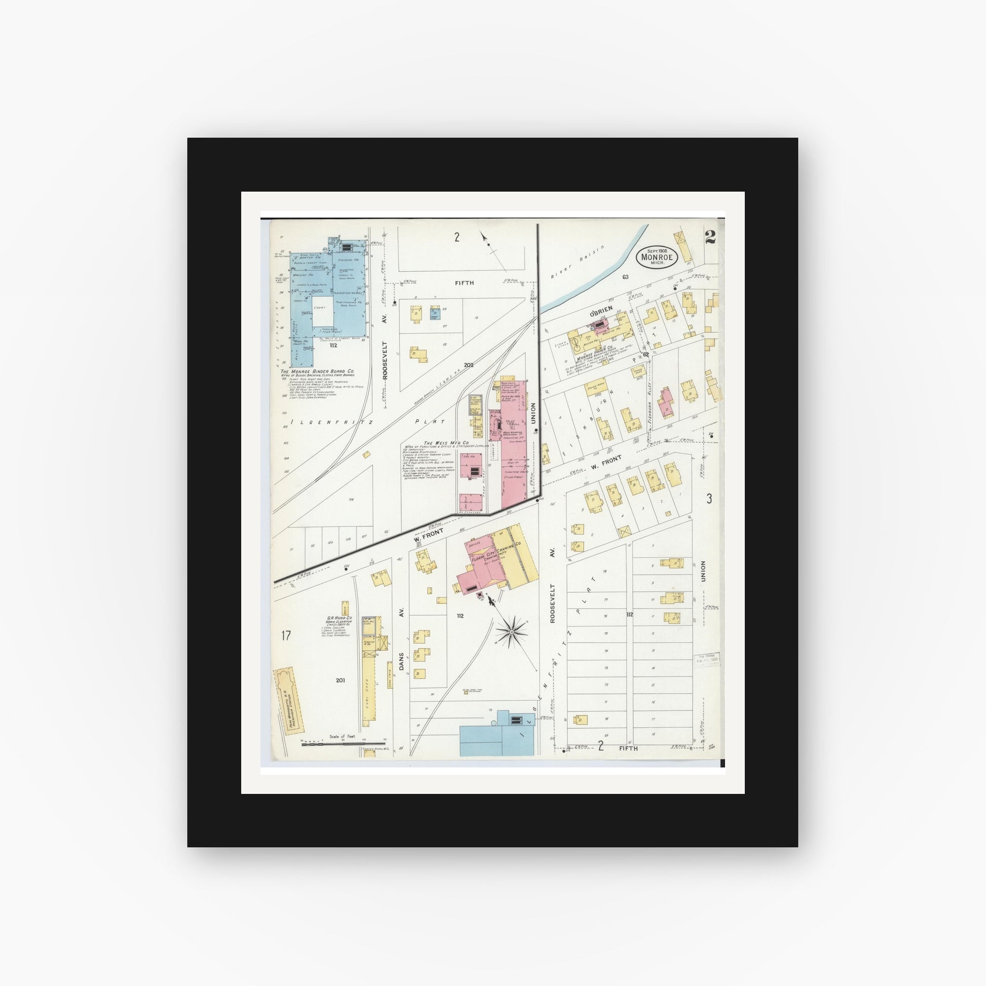 Old map wall art mockup — black gallery frame with white mat — Sanborn Fire Insurance Map from Monroe, Monroe County, Michigan (1908), Sheet #0002