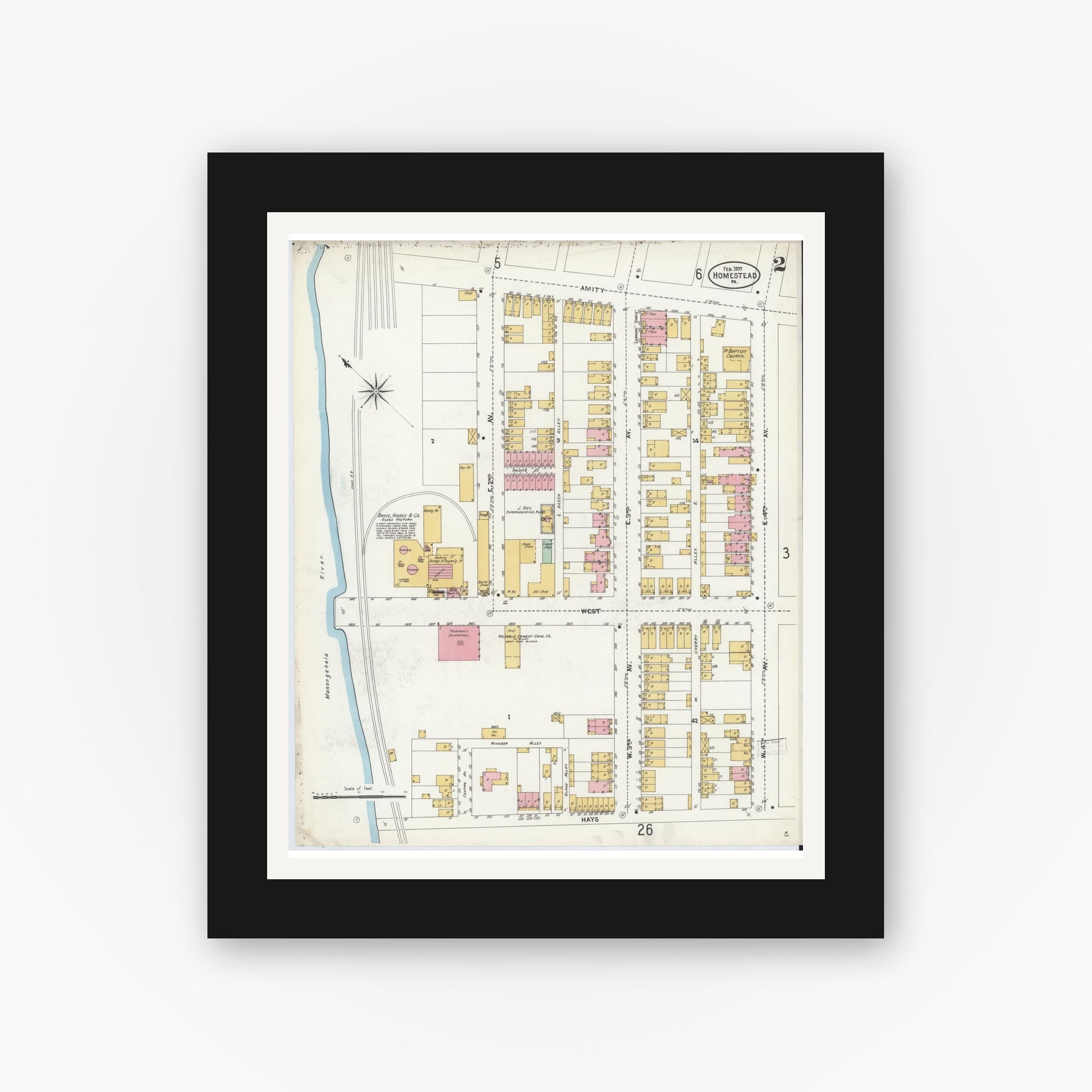 Old map wall art mockup — black gallery frame with white mat — Sanborn Fire Insurance Map from Homestead, Allegheny County, Pennsylvania (1907), Sheet #0002
