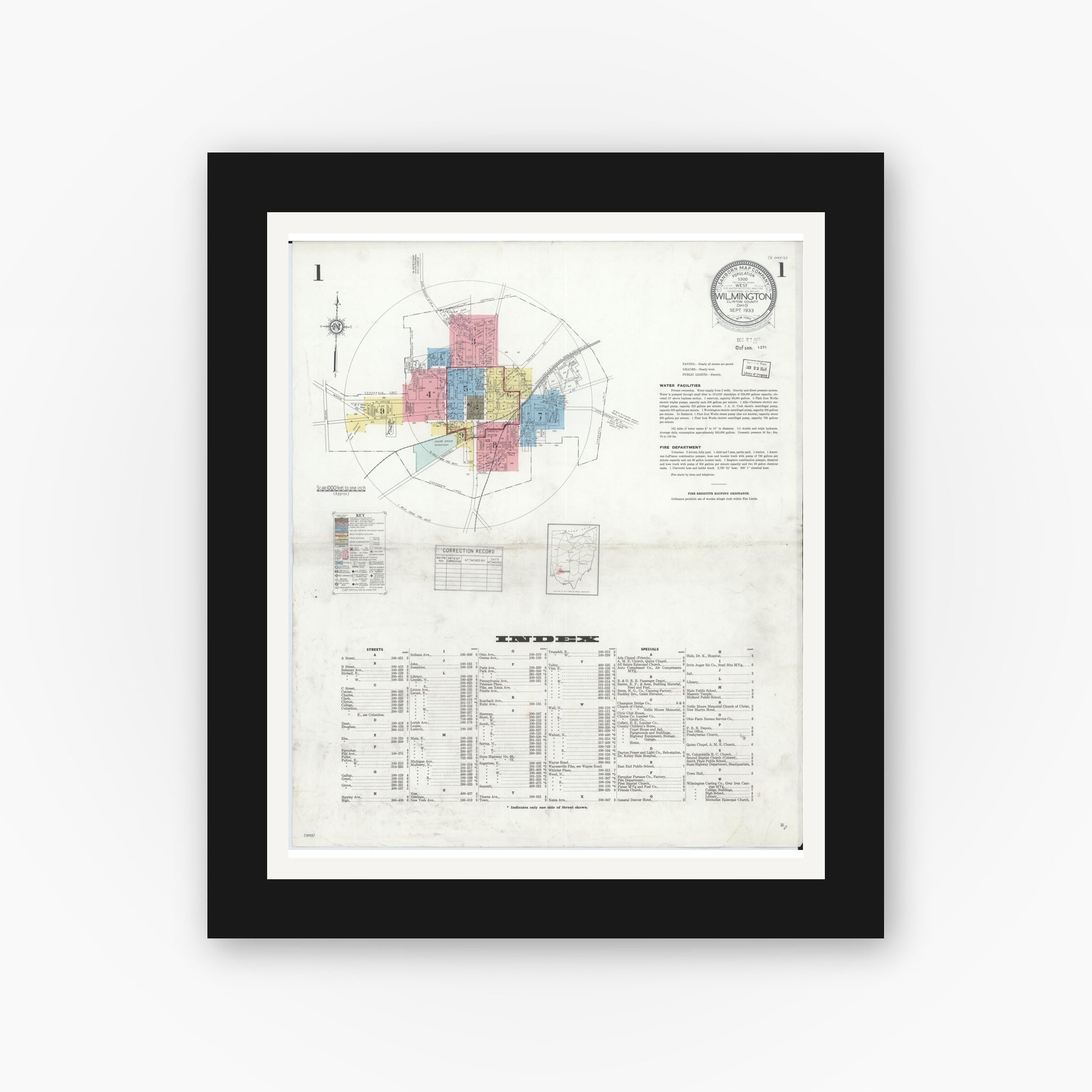 Old map wall art mockup — black gallery frame with white mat — Sanborn Fire Insurance Map from Wilmington, Clinton County, Ohio (1933) - Complete Map Set
