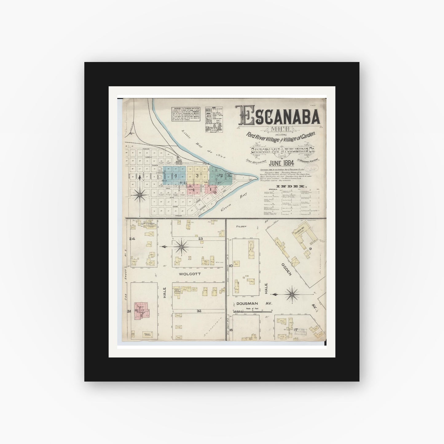 Old map wall art mockup — black gallery frame with white mat — Sanborn Fire Insurance Map from Escanaba, Delta County, Michigan (1884), Sheet #0001