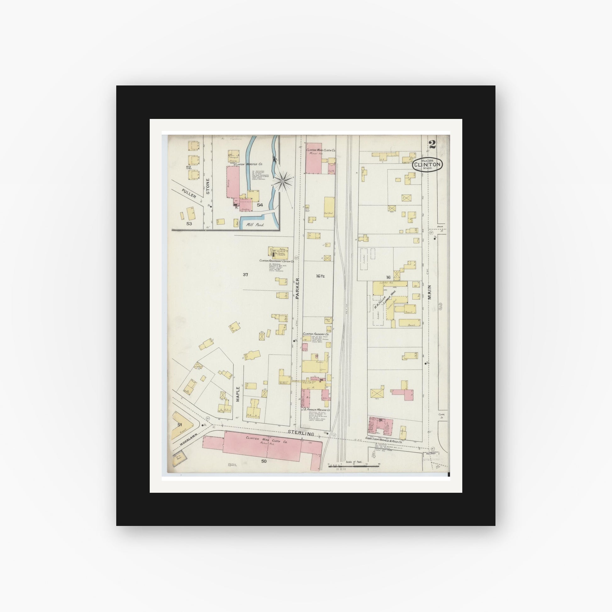 Old map wall art mockup — black gallery frame with white mat — Sanborn Fire Insurance Map from Clinton, Worcester County, Massachusetts (1894), Sheet #0002
