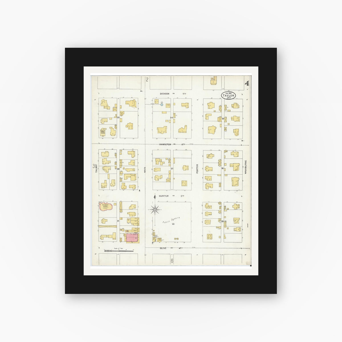Old map wall art mockup — black gallery frame with white mat — Sanborn Fire Insurance Map from Taylor, Williamson County, Texas (1904), Sheet #0004