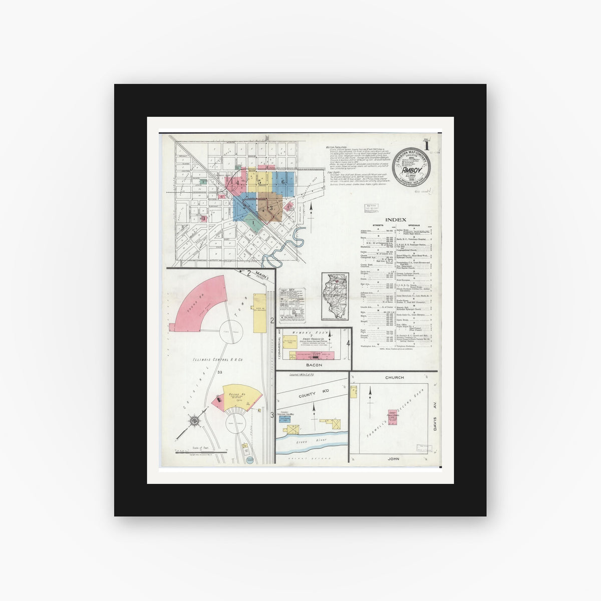 Old map wall art mockup — black gallery frame with white mat — Sanborn Fire Insurance Map from Amboy, Lee County, Illinois (1918) - Complete Map Set