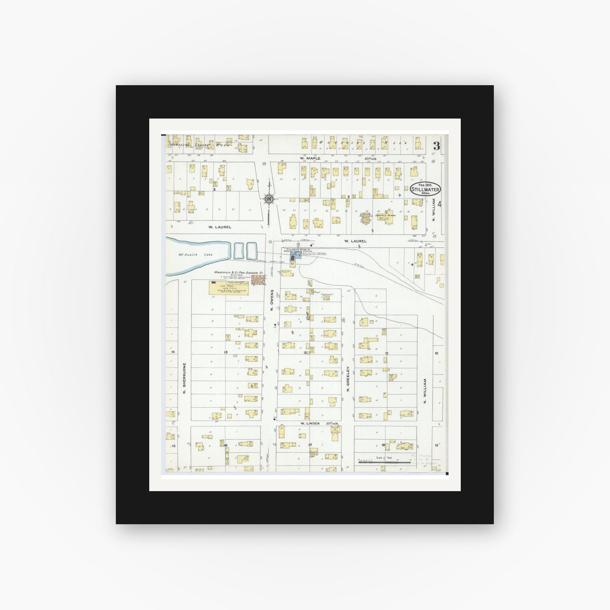 Old map wall art mockup — black gallery frame with white mat — Sanborn Fire Insurance Map from Stillwater, Washington County, Minnesota (1910), Sheet #0003