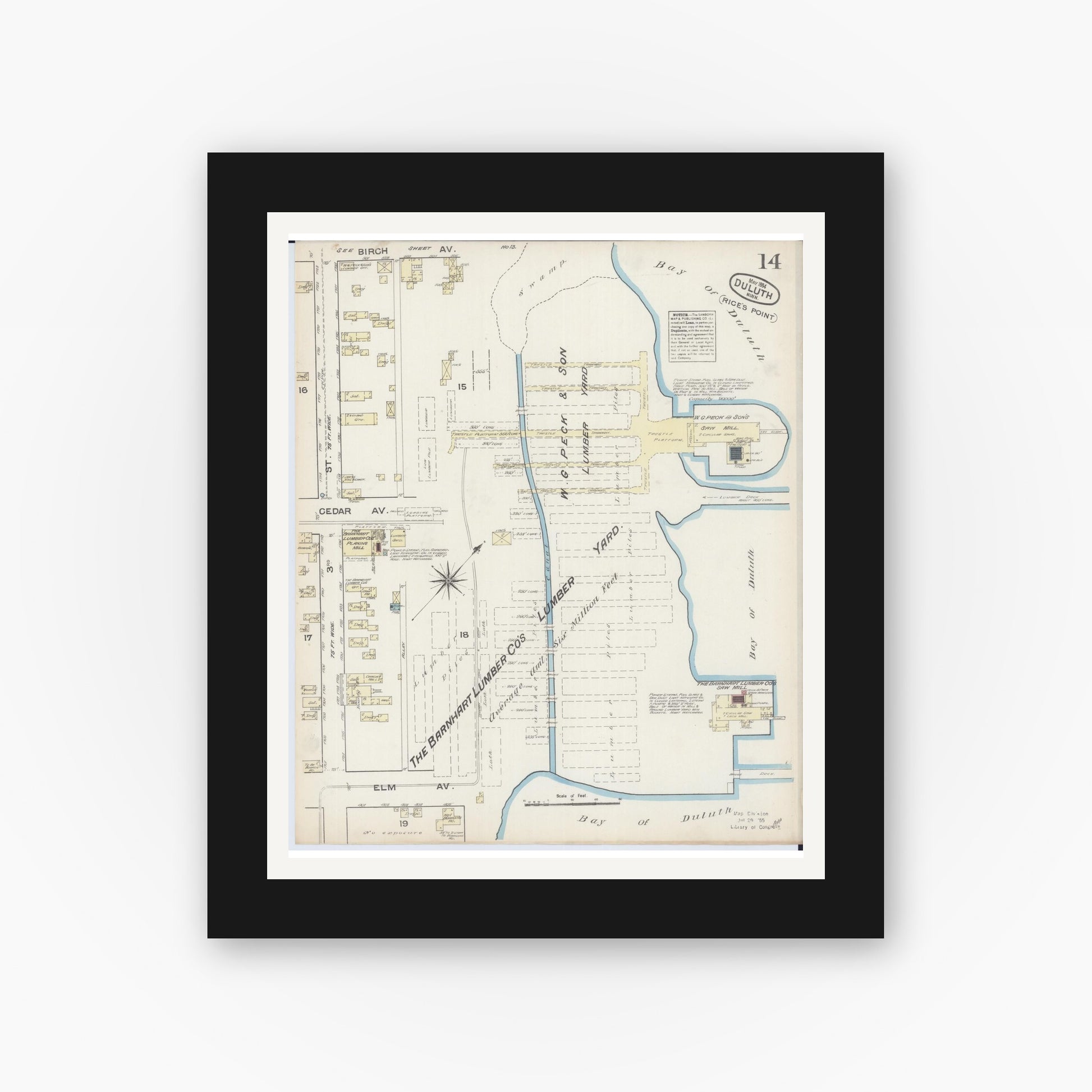 Old map wall art mockup — black gallery frame with white mat — Sanborn Fire Insurance Map from Duluth, Saint Louis County, Minnesota (1884), Sheet #0014