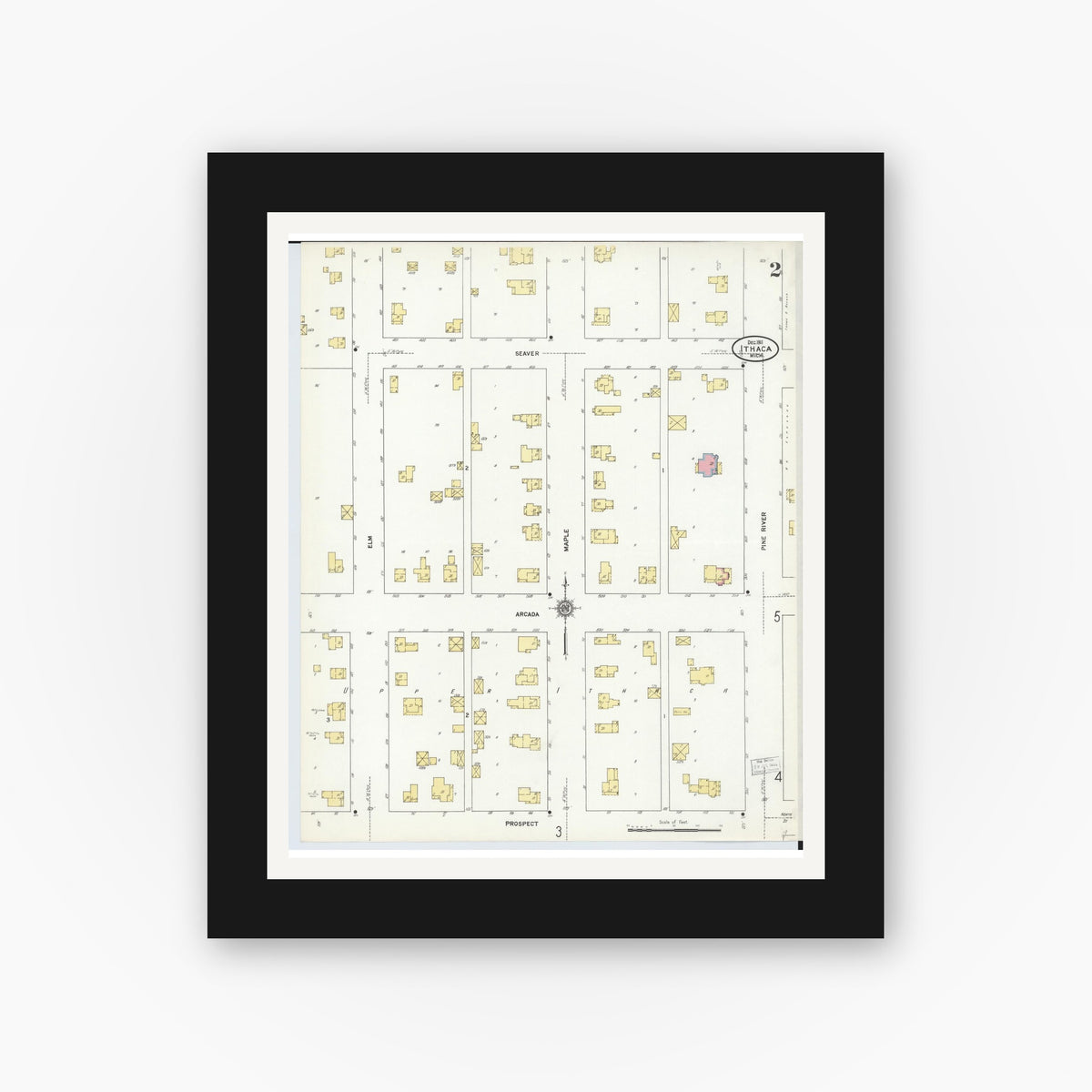 Old map wall art mockup — black gallery frame with white mat — Sanborn Fire Insurance Map from Ithaca, Gratiot County, Michigan (1911), Sheet #0002